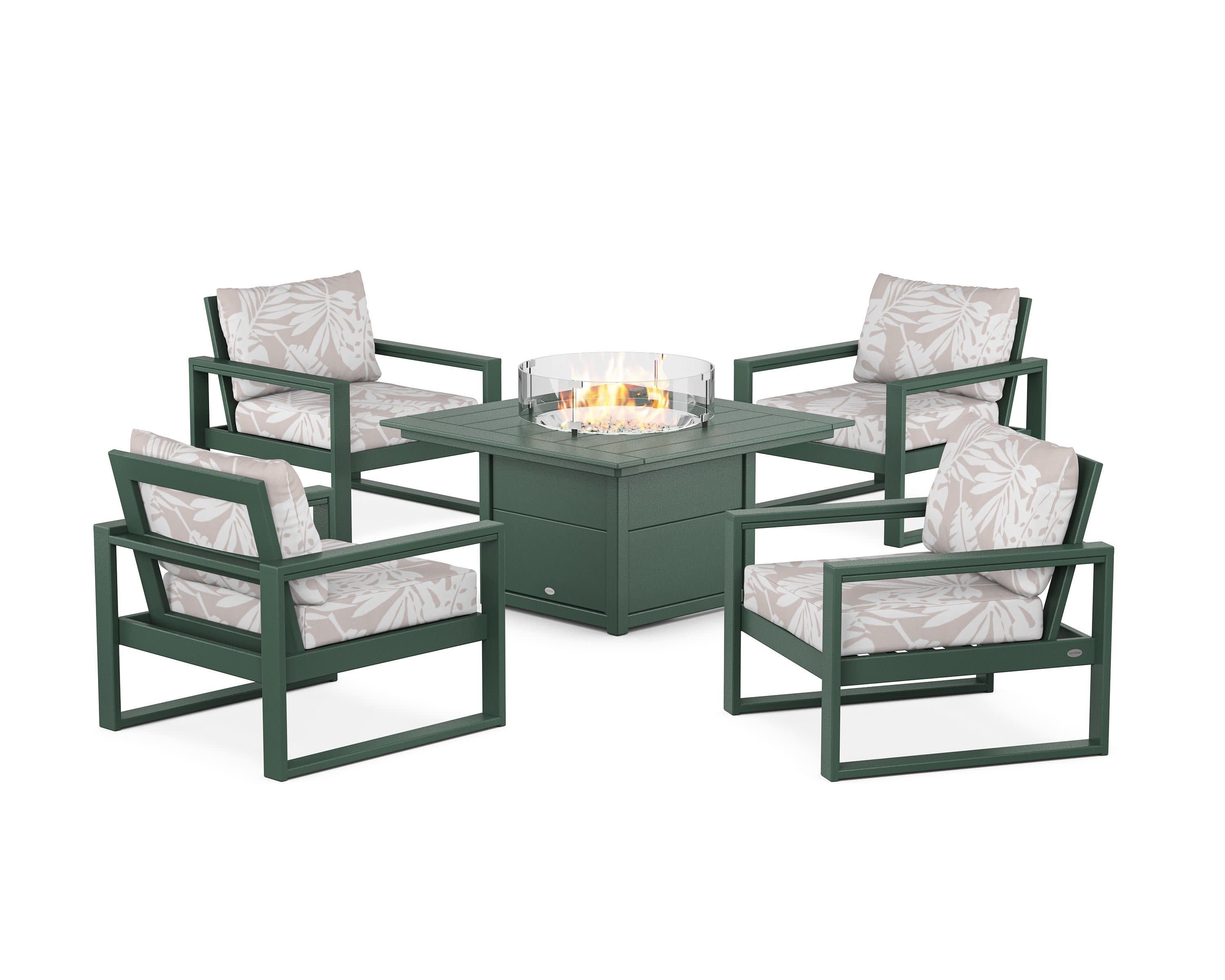 EDGE Sectional 5-Piece Deep Seating Set with Fire Pit Table in Green / Leaf Dune Burlap