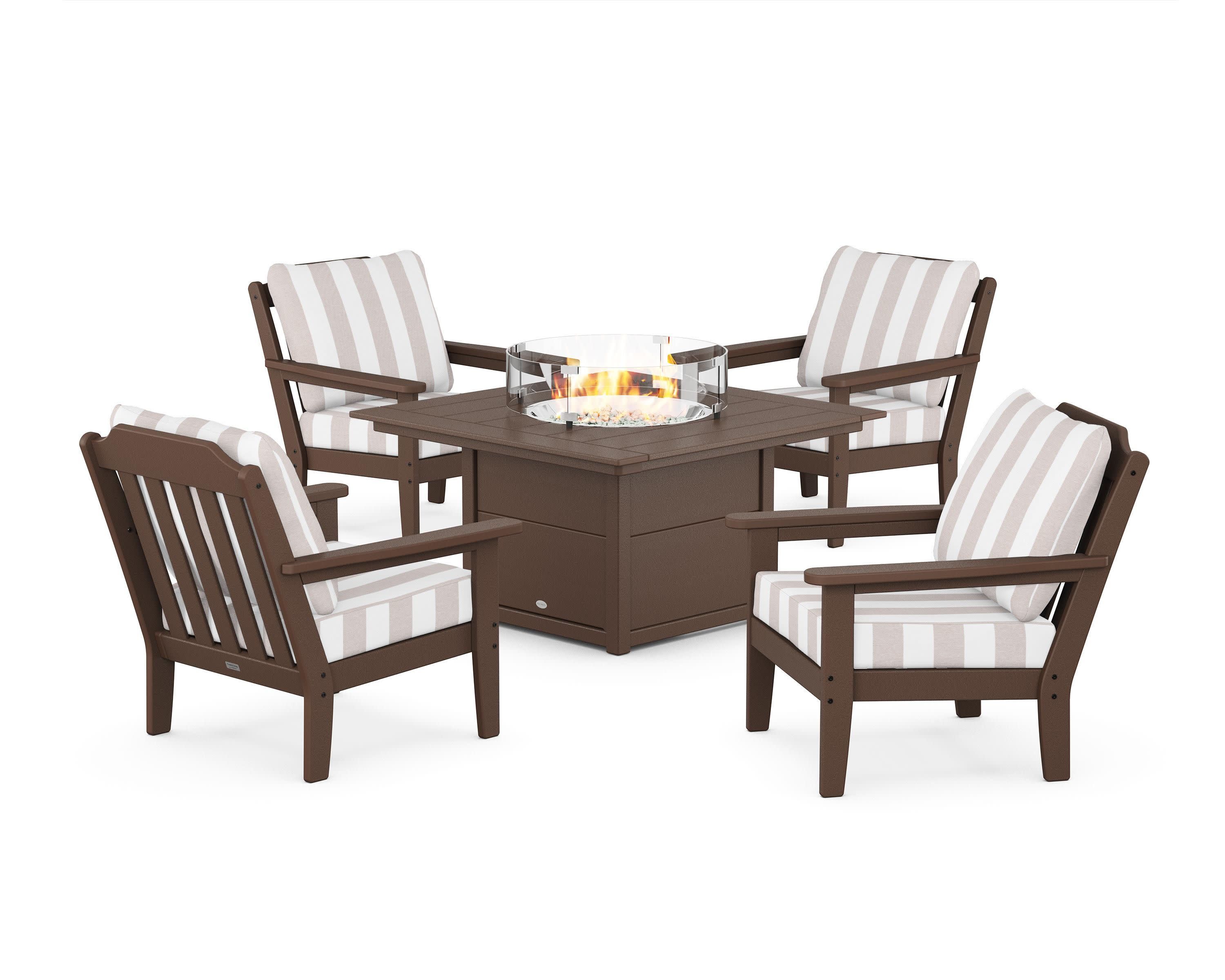 Cottage 5-Piece Deep Seating Set with Fire Pit Table in Mahogany / Cabana Stripe Dune Burlap