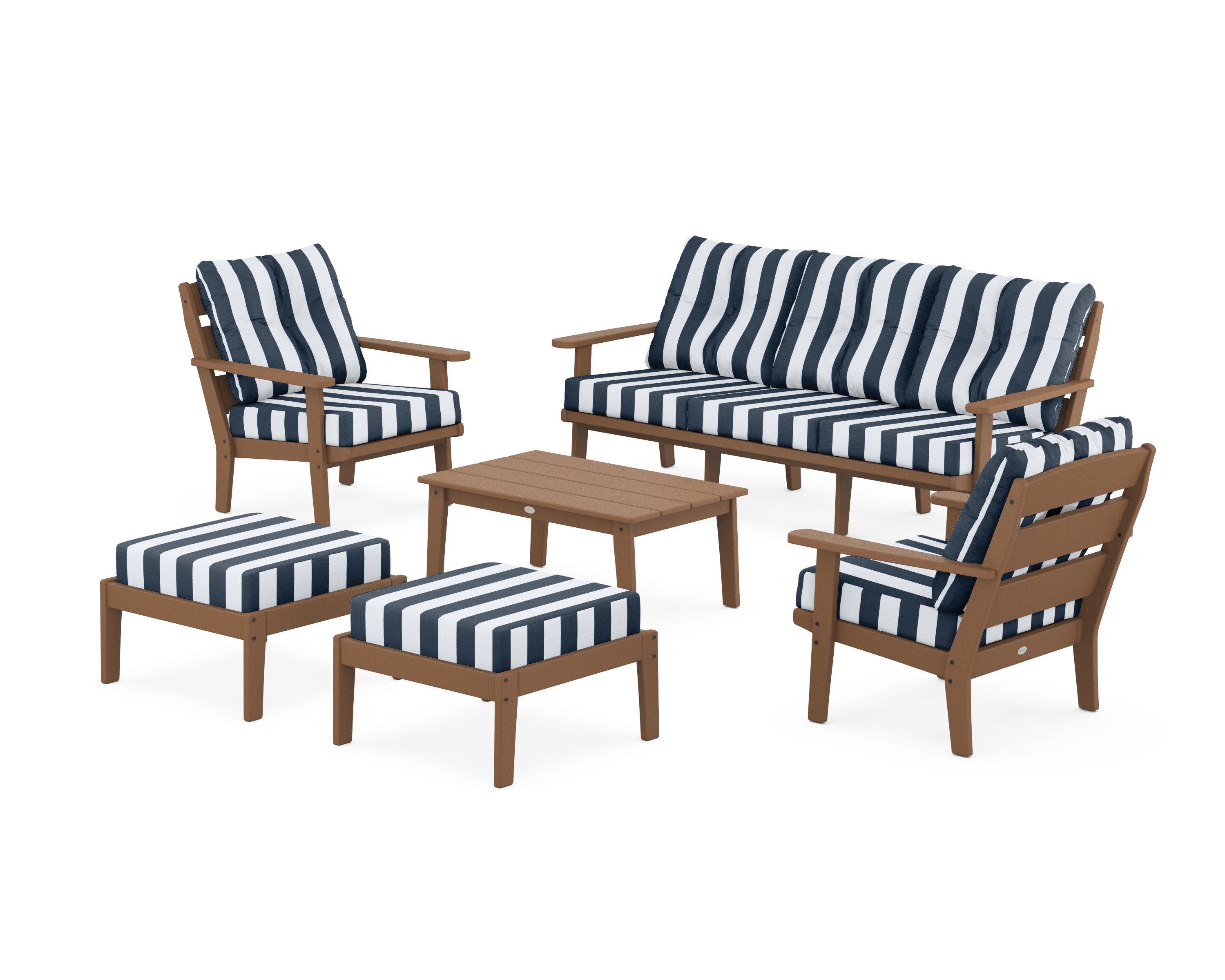Lakeside 6-Piece Lounge Sofa Set in Teak / Cabana Stripe Marine Indigo