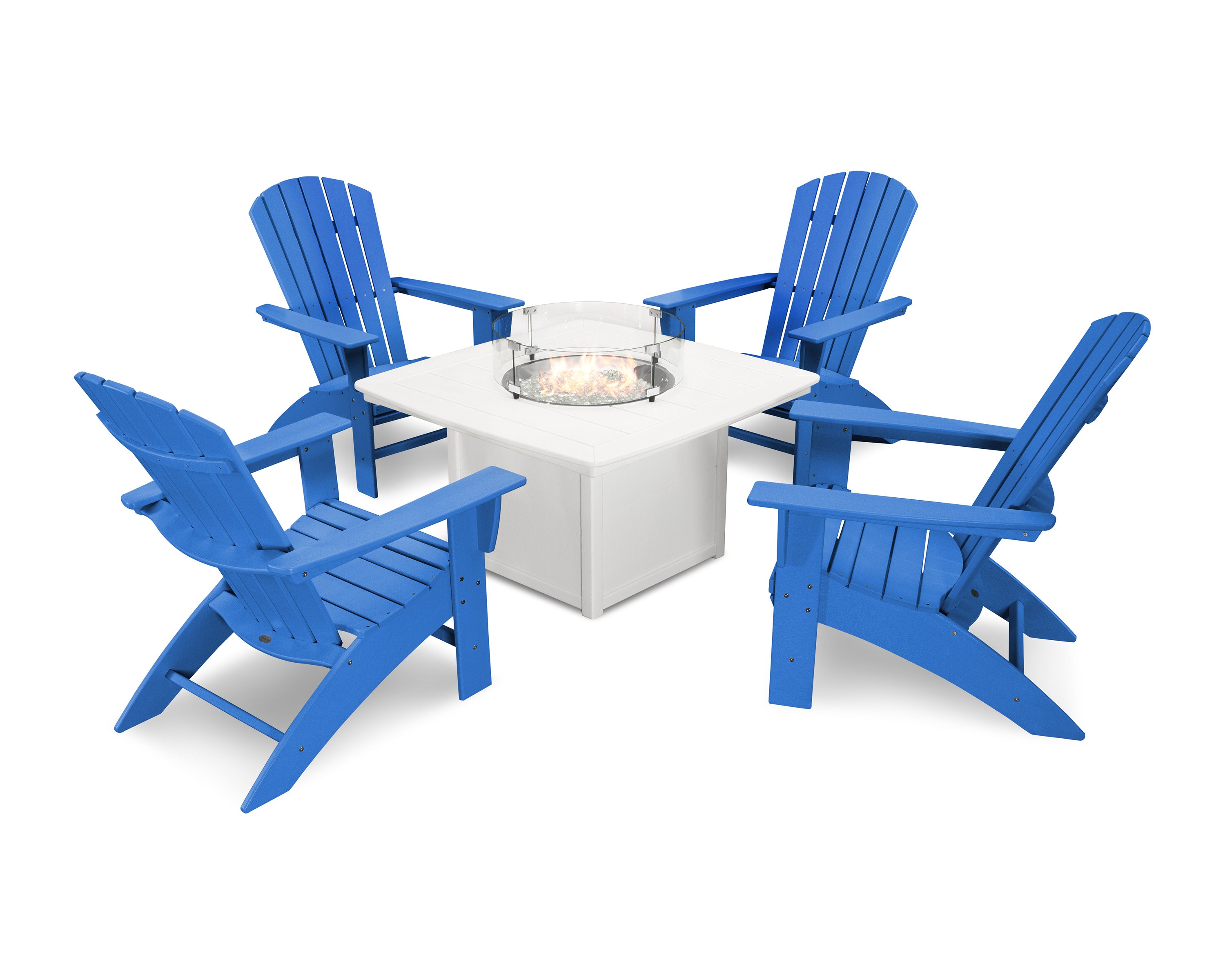 Nautical Curveback Adirondack 5-Piece Conversation Set with Fire Pit Table in Pacific Blue / White