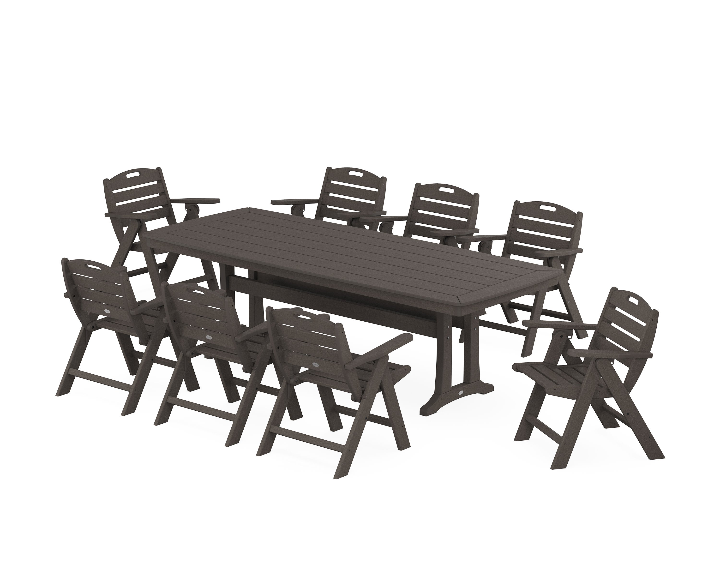 Nautical Lowback 9-Piece Dining Set with Trestle Legs in Vintage Coffee