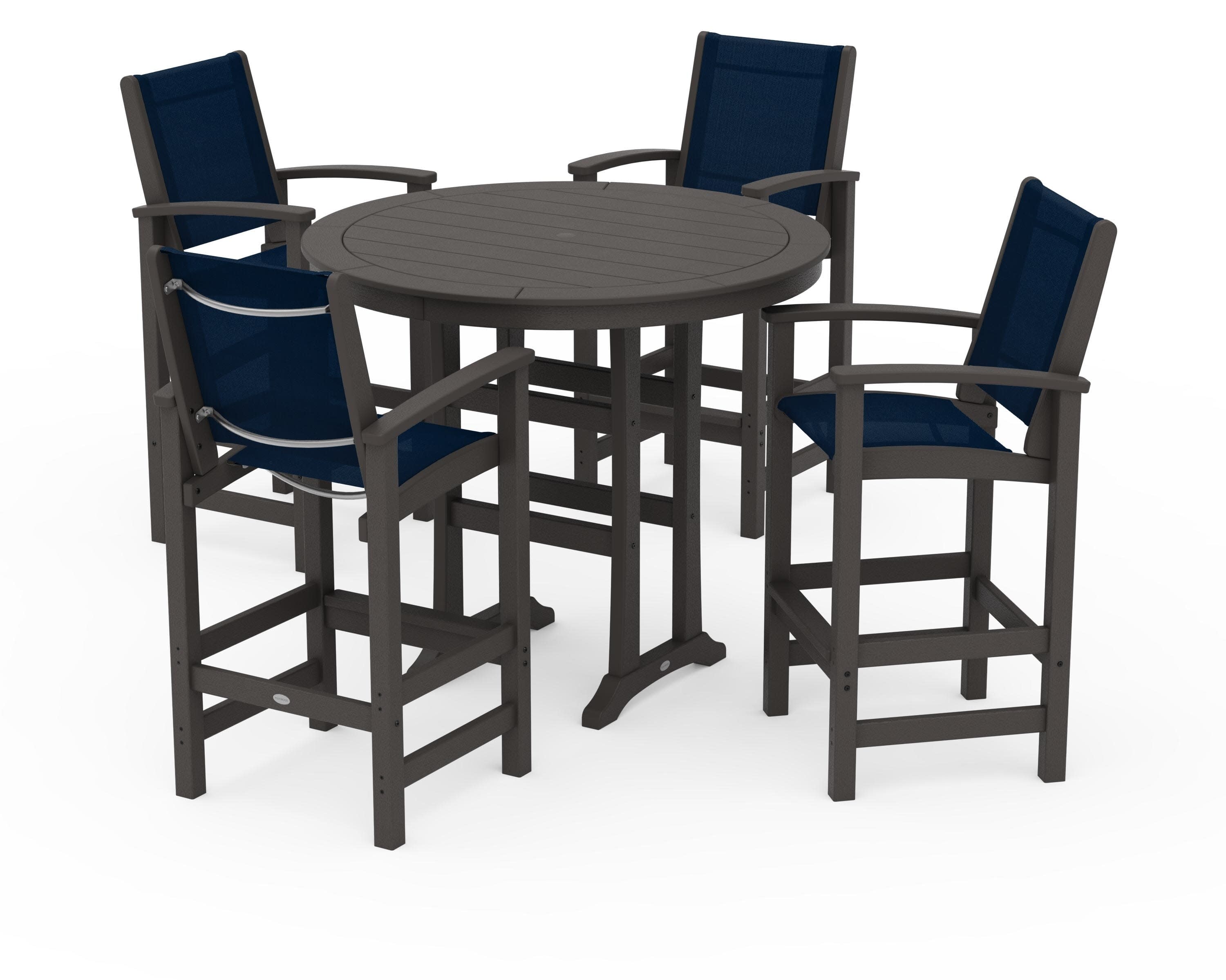 Coastal 5-Piece Nautical Trestle Bar Set in Vintage Coffee / Navy Blue Sling