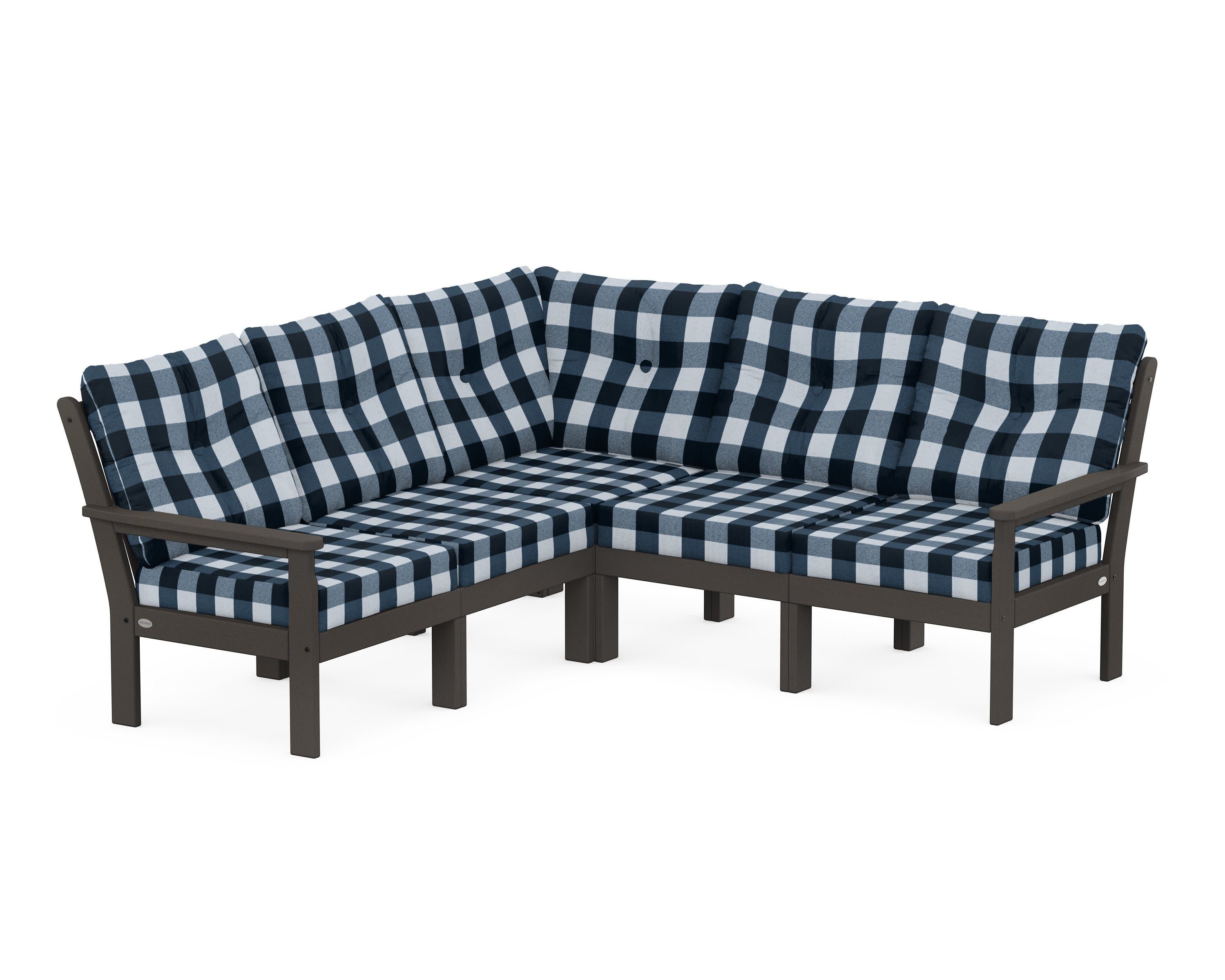 Vineyard 5-Piece Sectional in Vintage Coffee / Buffalo Plaid Marine Indigo