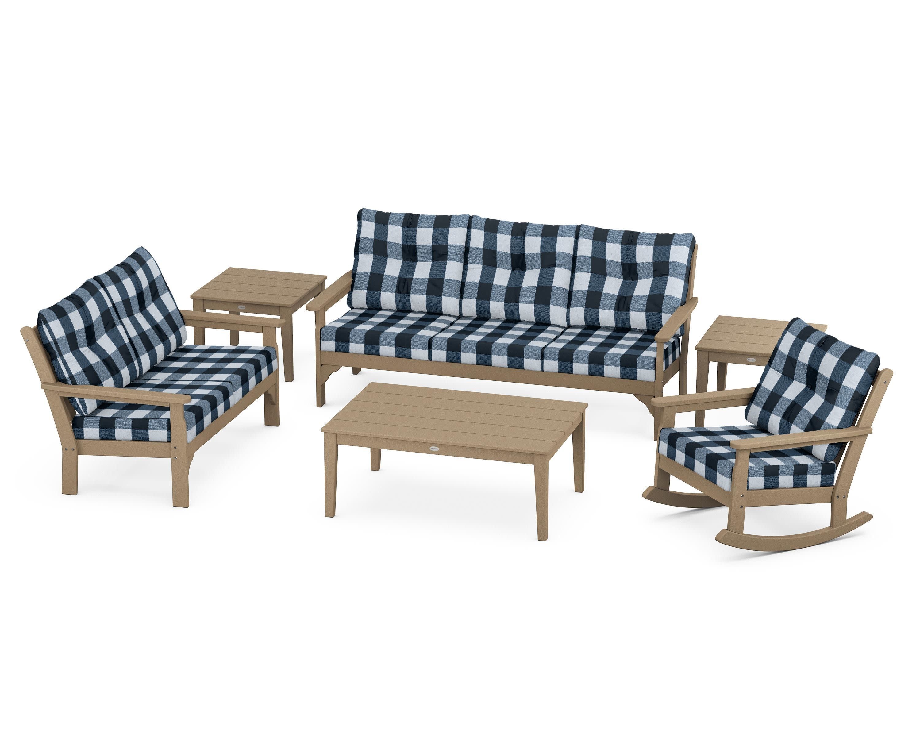 Vineyard 6-Piece Deep Seating Set in Vintage Sahara / Buffalo Plaid Marine Indigo