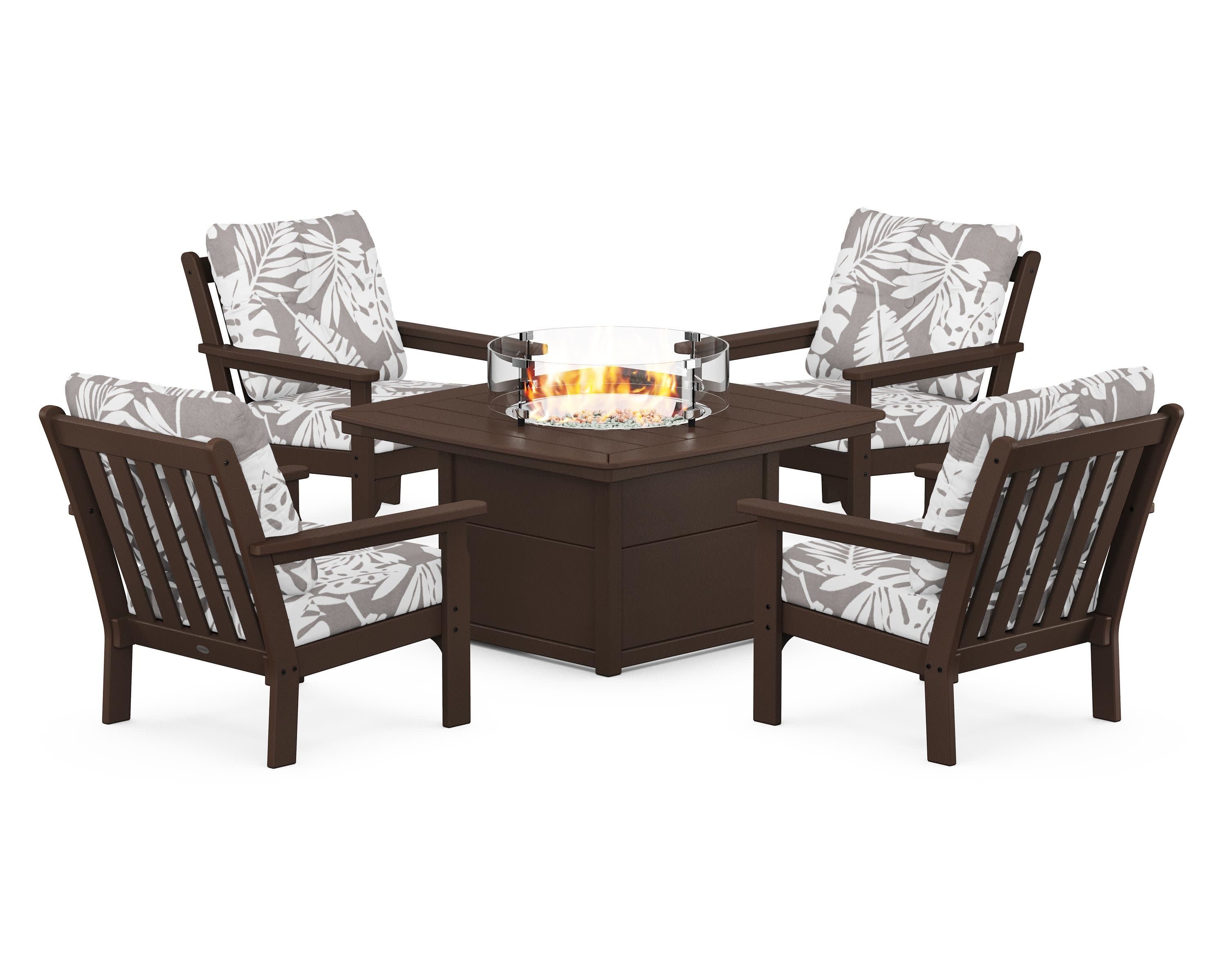 Vineyard 5-Piece Conversation Set with Fire Pit Table in Mahogany / Leaf Grey Mist