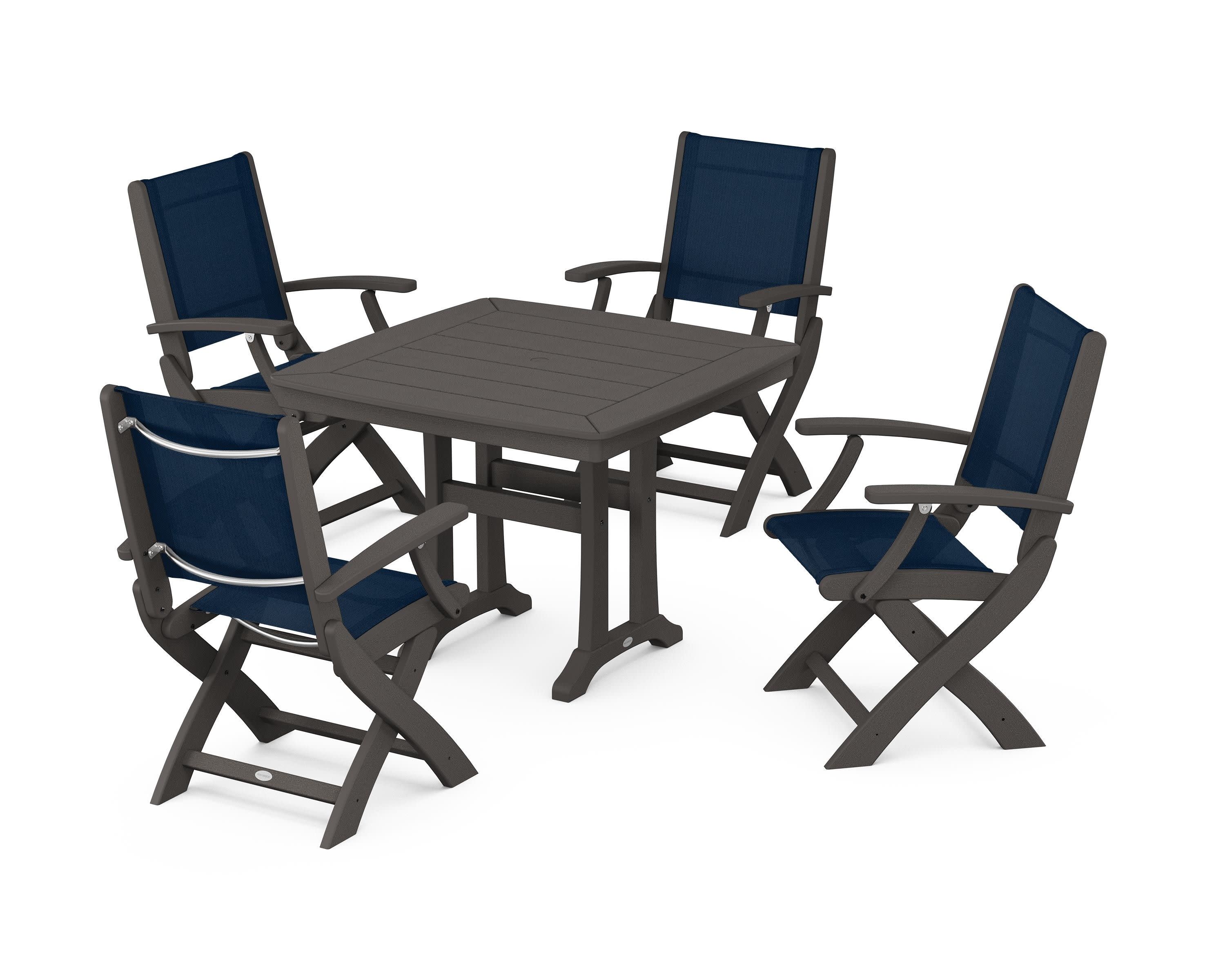 Coastal Folding Chair 5-Piece Dining Set with Trestle Legs in Vintage Coffee / Navy Blue Sling