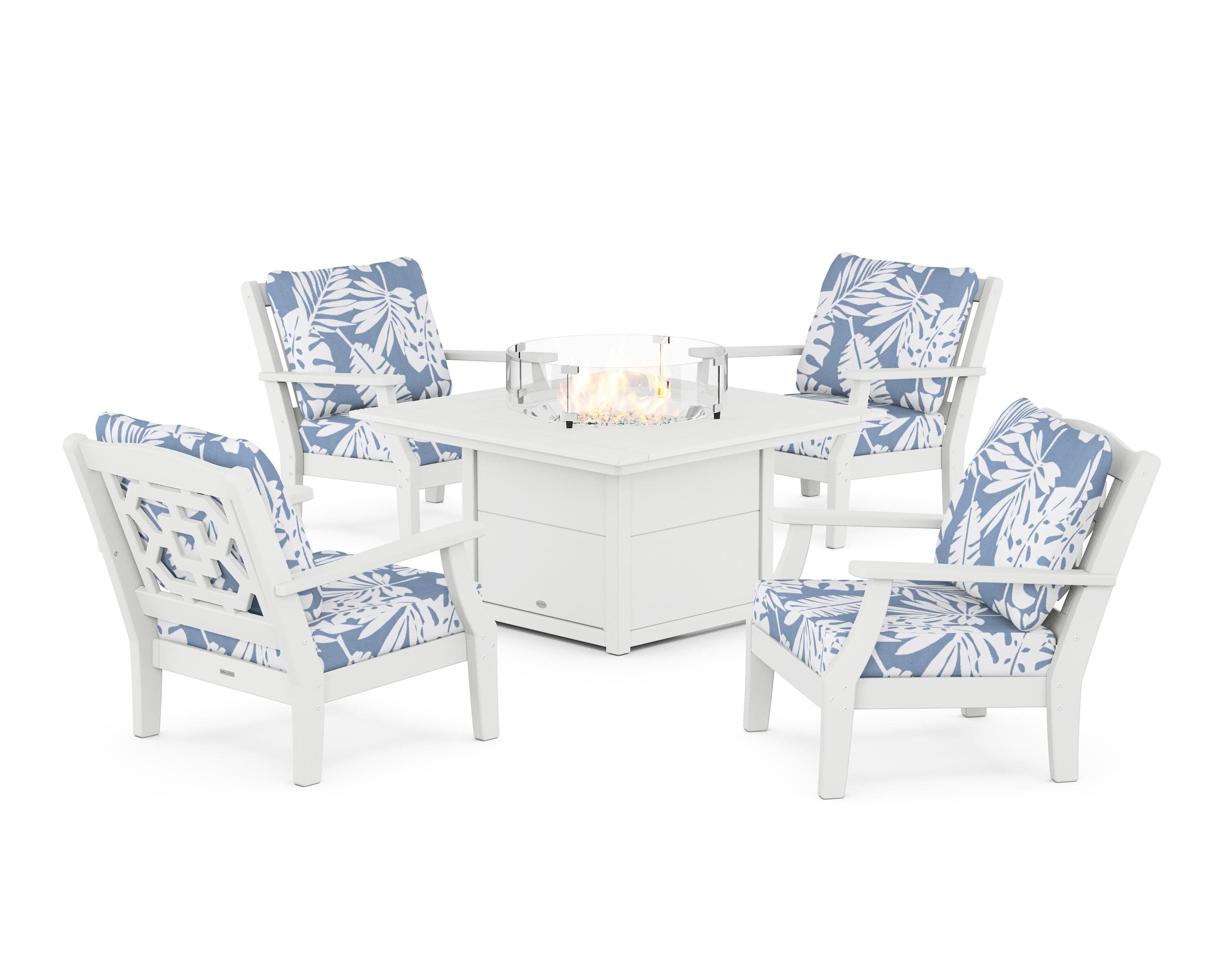 Chinoiserie 5-Piece Deep Seating Set with Fire Pit Table in White / Leaf Sky Blue