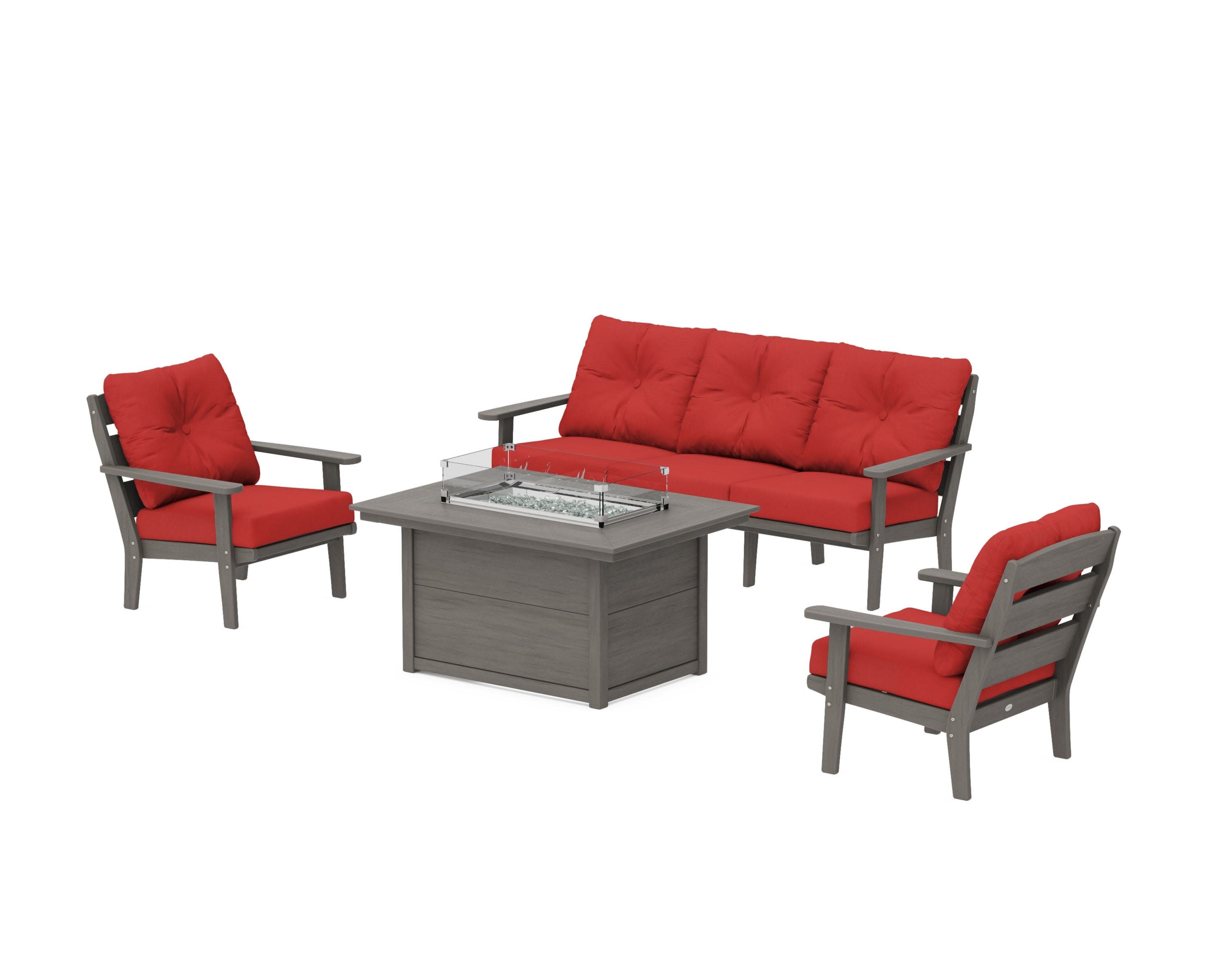 Lakeside Deep Seating Fire Pit Table Set in Driftwood / Crimson Linen