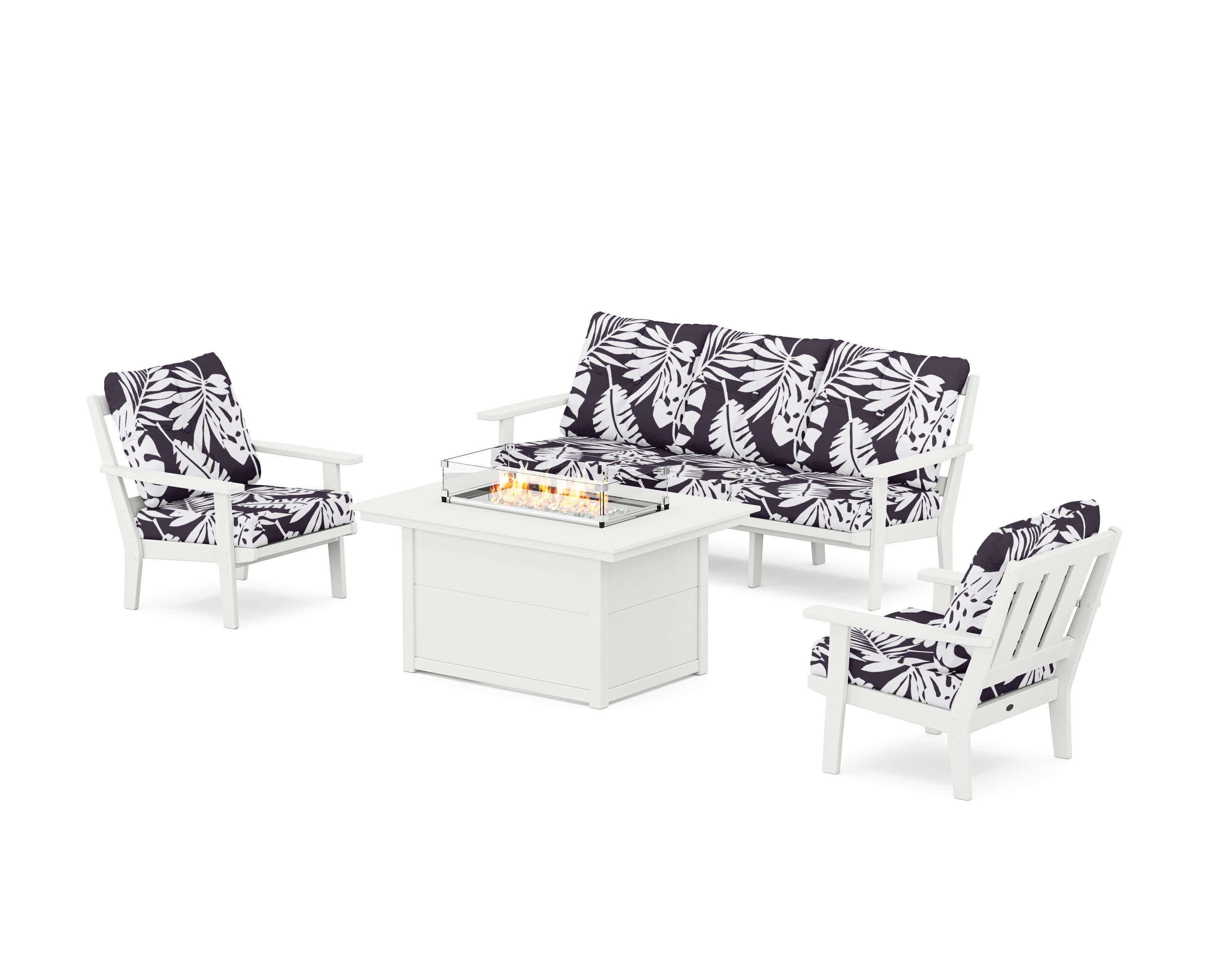 Oxford Deep Seating Fire Pit Table Set in White / Leaf Navy