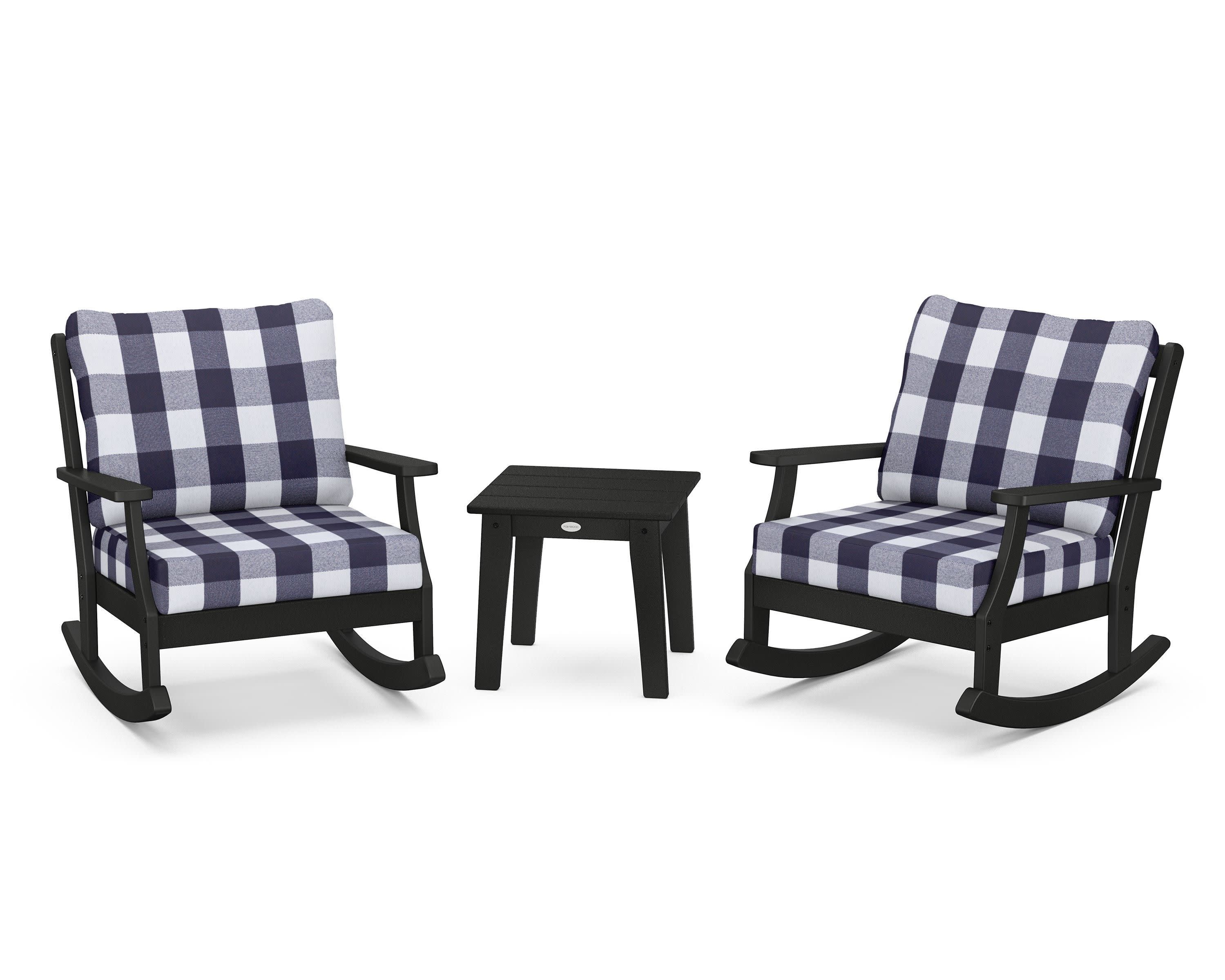 Braxton 3-Piece Deep Seating Rocker Set in Black / Buffalo Plaid Navy