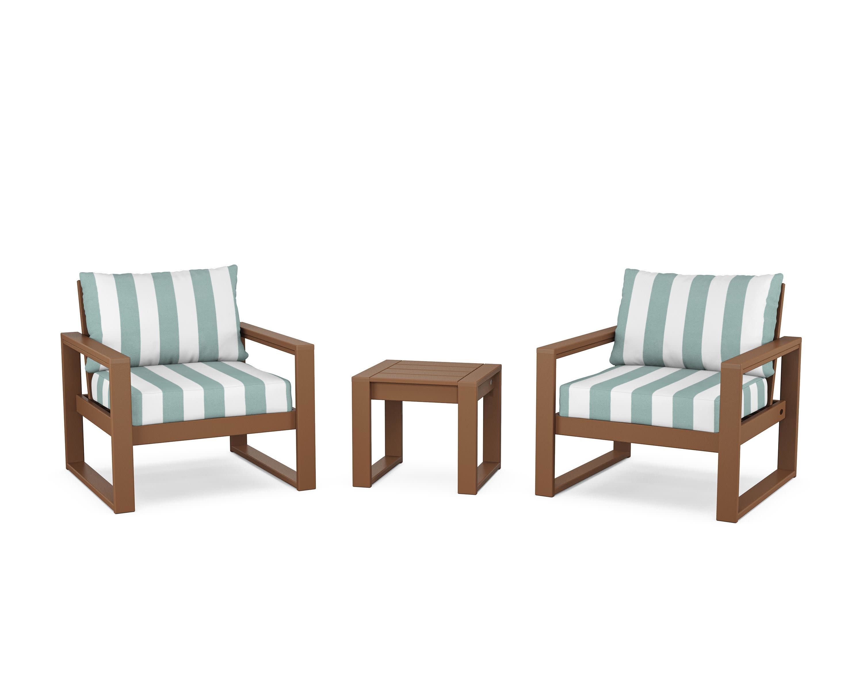 EDGE Sectional 3-Piece Deep Seating Set in Teak / Cabana Stripe Glacier Spa