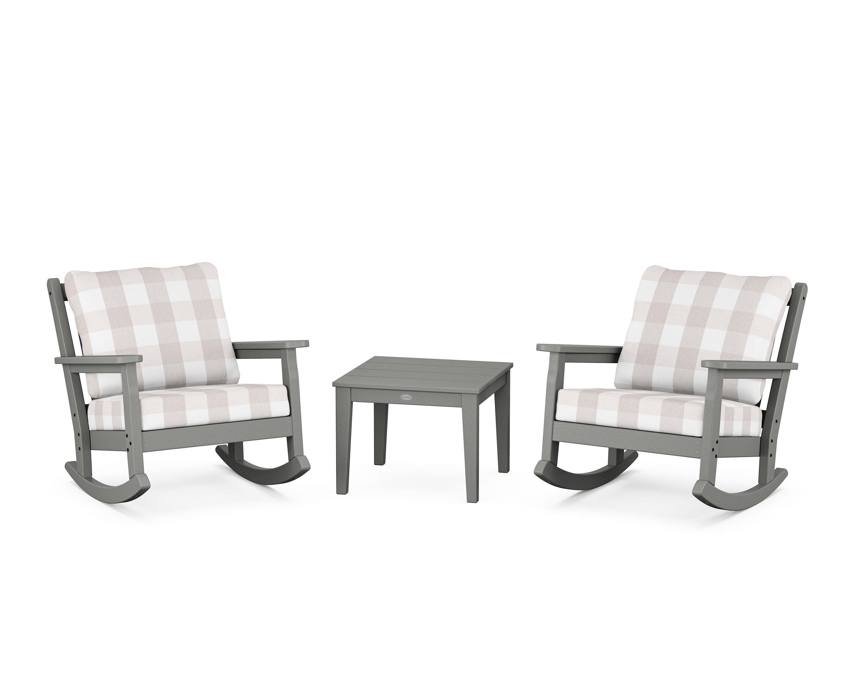 Chippendale 3-Piece Deep Seating Rocker Set in Slate Grey / Buffalo Plaid Dune Burlap