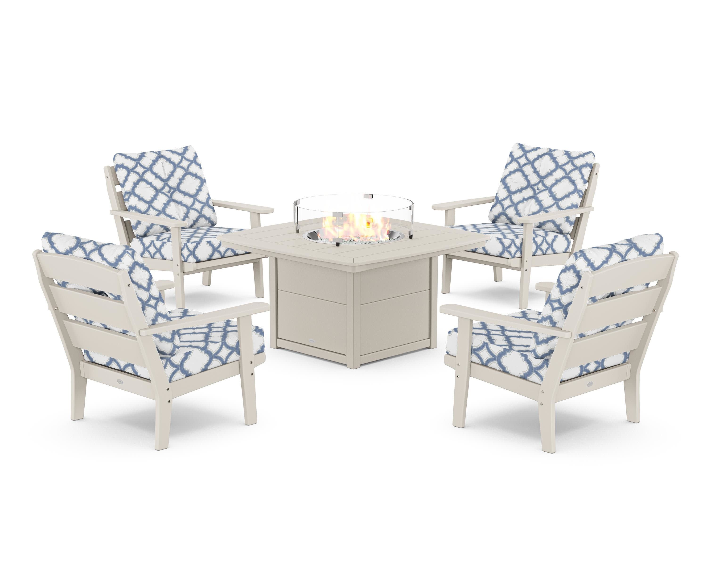 Lakeside 5-Piece Deep Seating Set with Nautical Fire Pit Table in Sand / Trellis Sky Blue