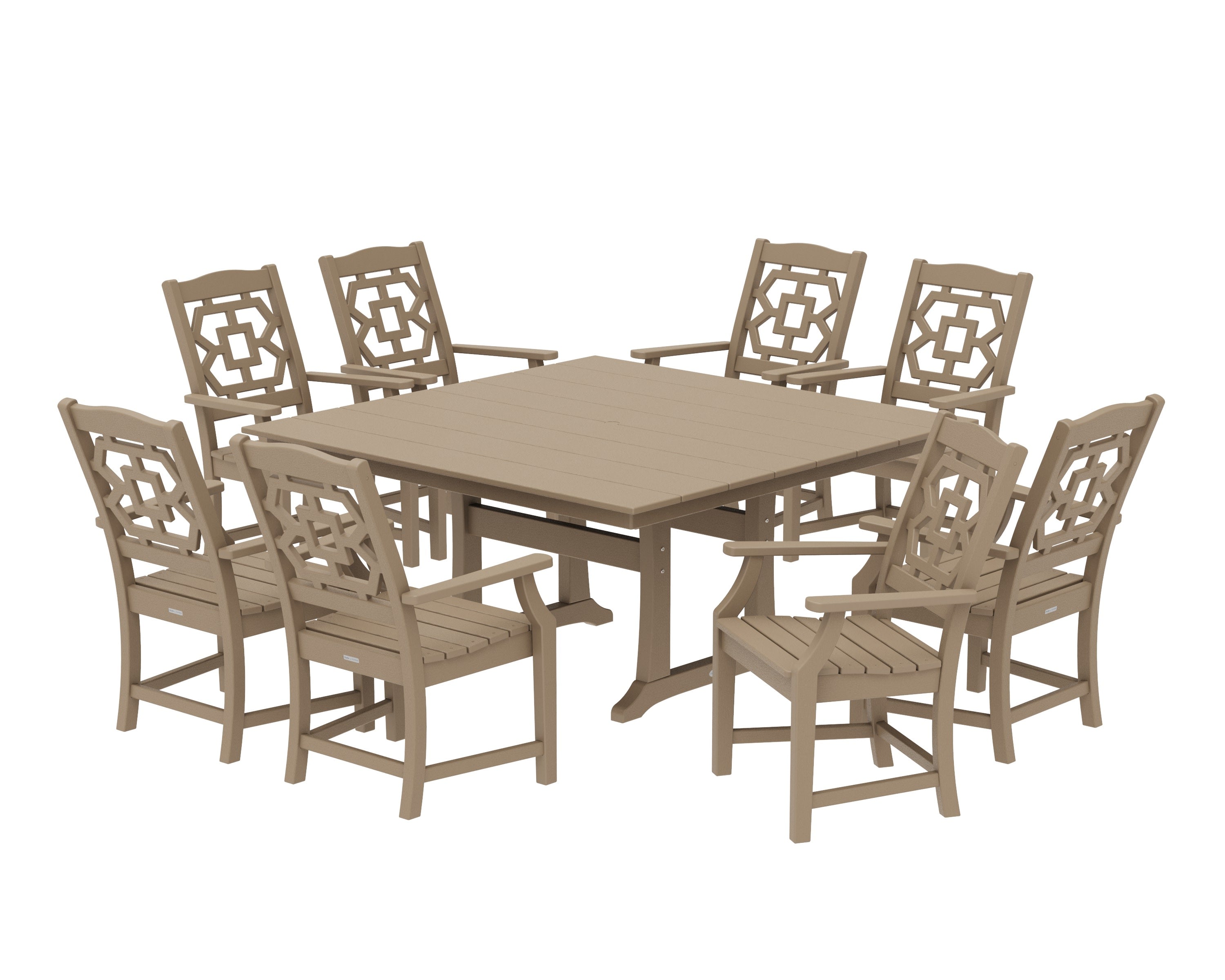 Chinoiserie 9-Piece Square Farmhouse Dining Set with Trestle Legs in Vintage Sahara
