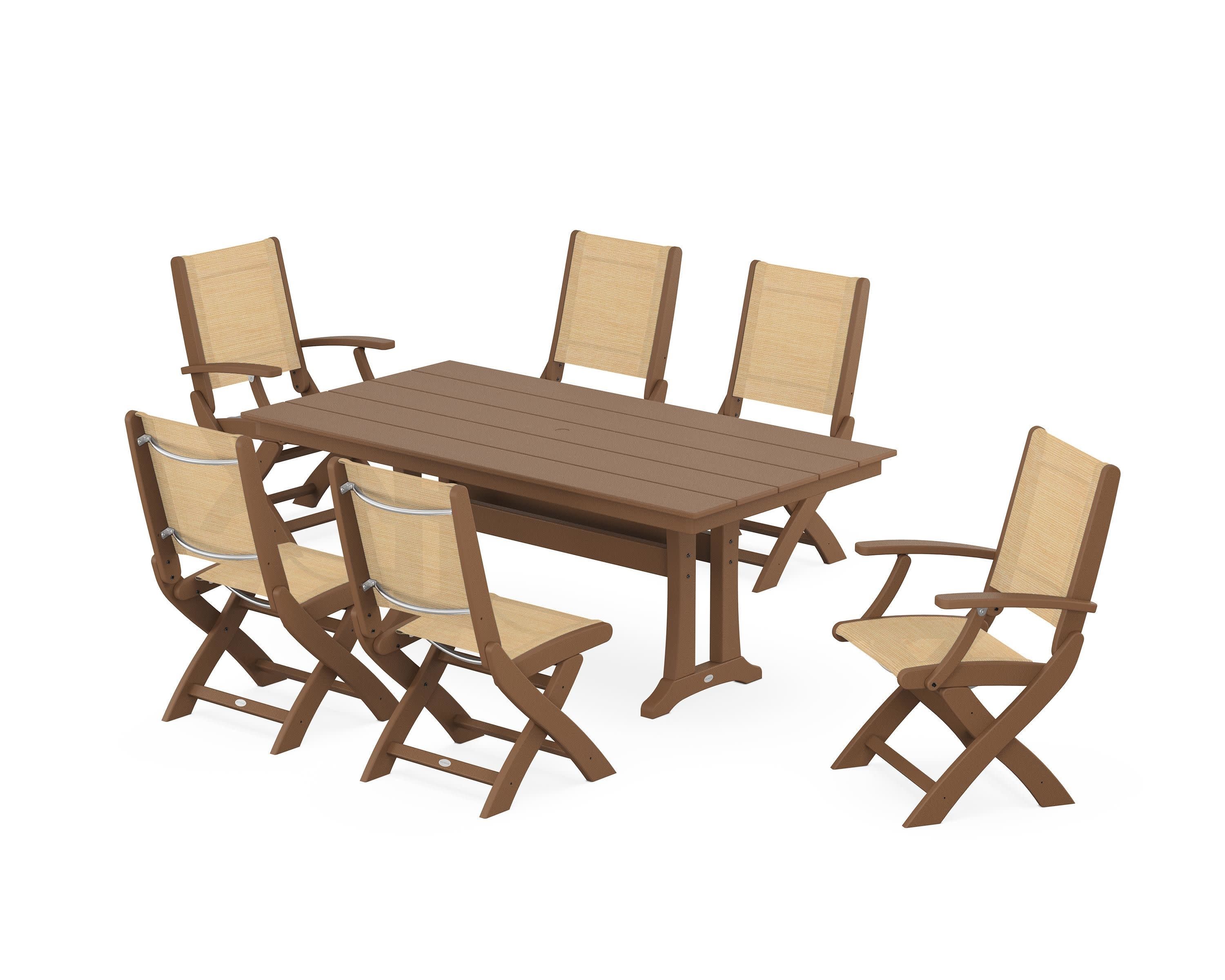 Coastal Folding Chair 7-Piece Farmhouse Dining Set with Trestle Legs in Teak / Dupioni Apricot Sling
