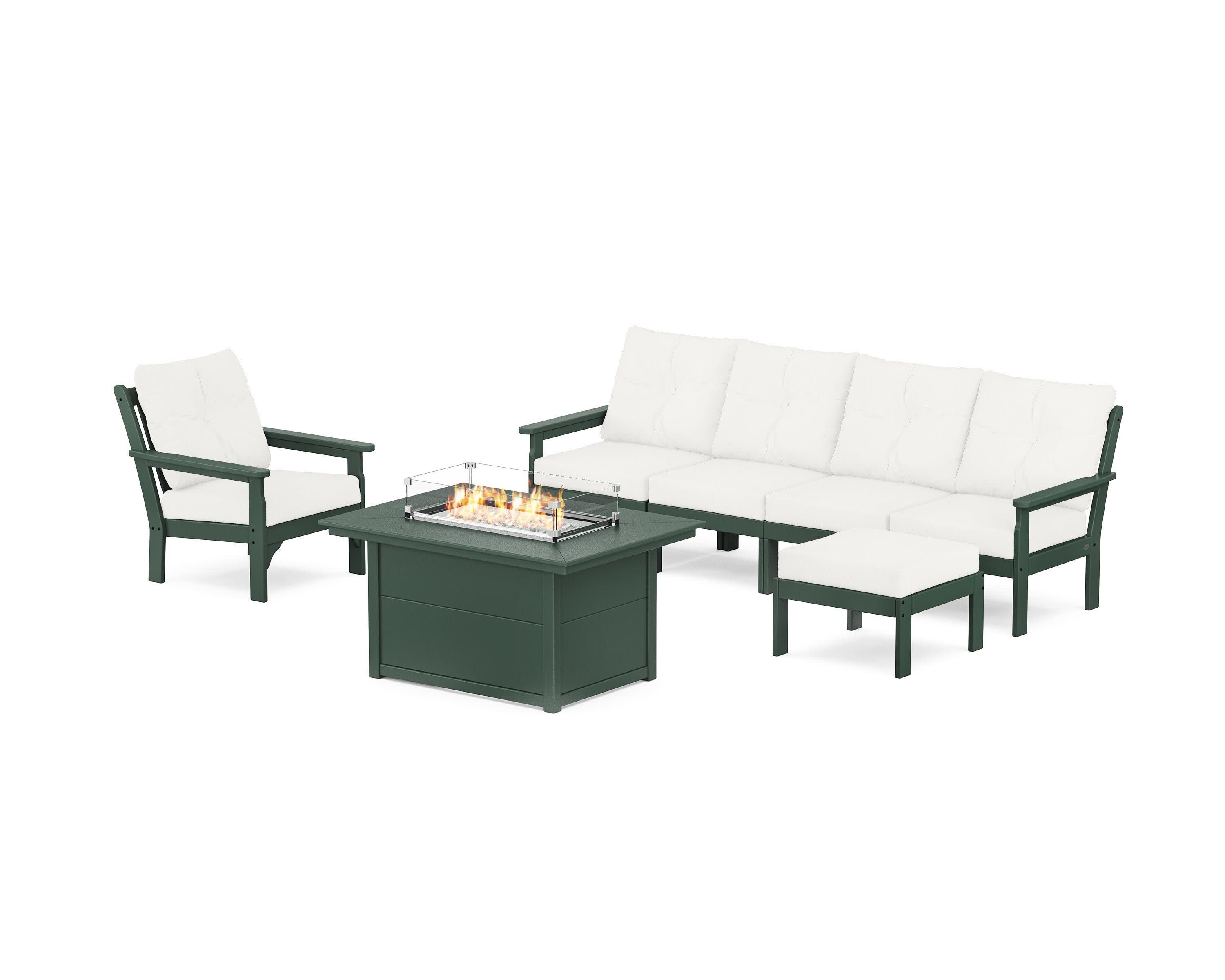 Vineyard Sectional Lounge and Fire Pit Set in Green / Natural Linen