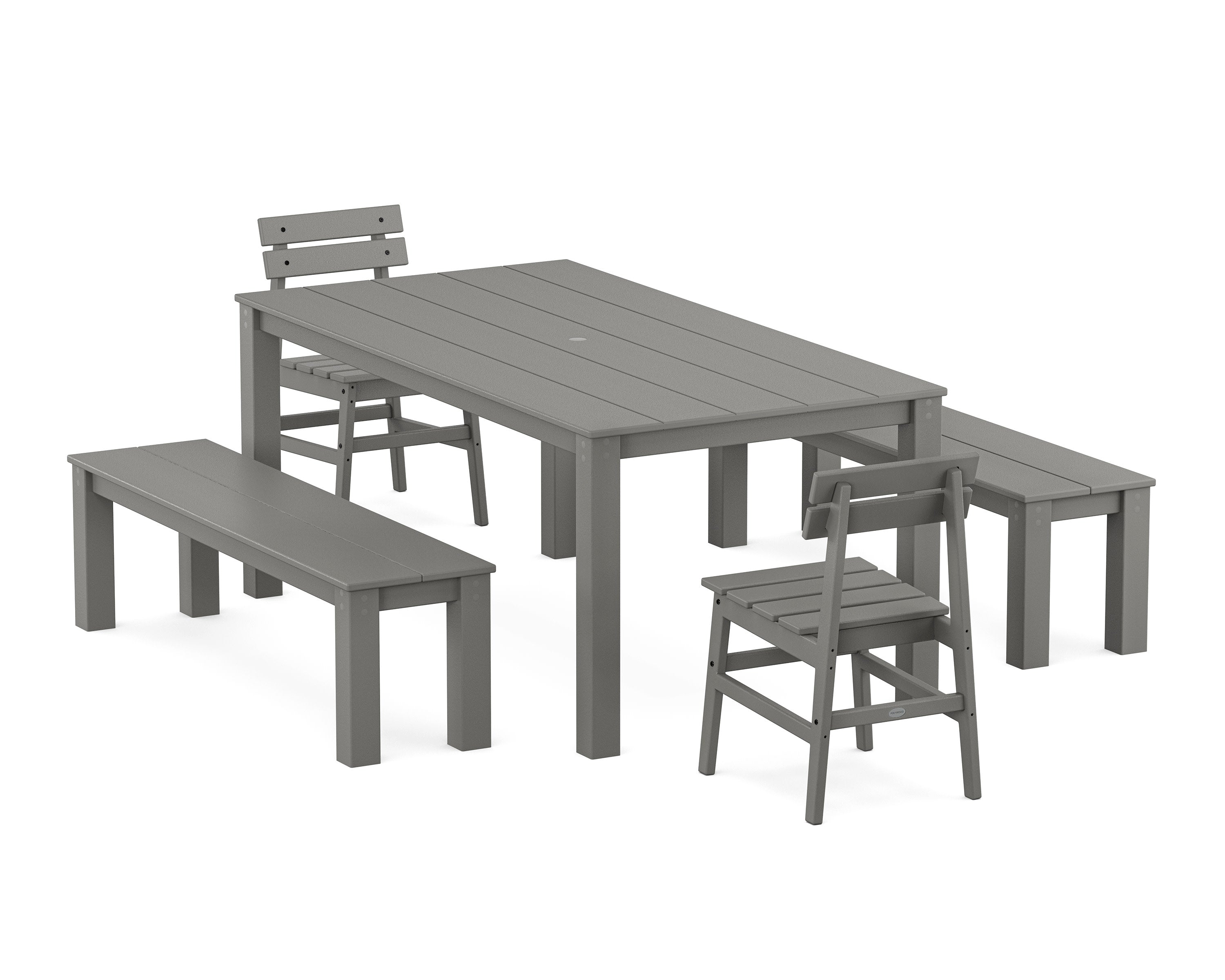 Modern Studio Plaza Chair 5-Piece Parsons Dining Set with Benches in Slate Grey