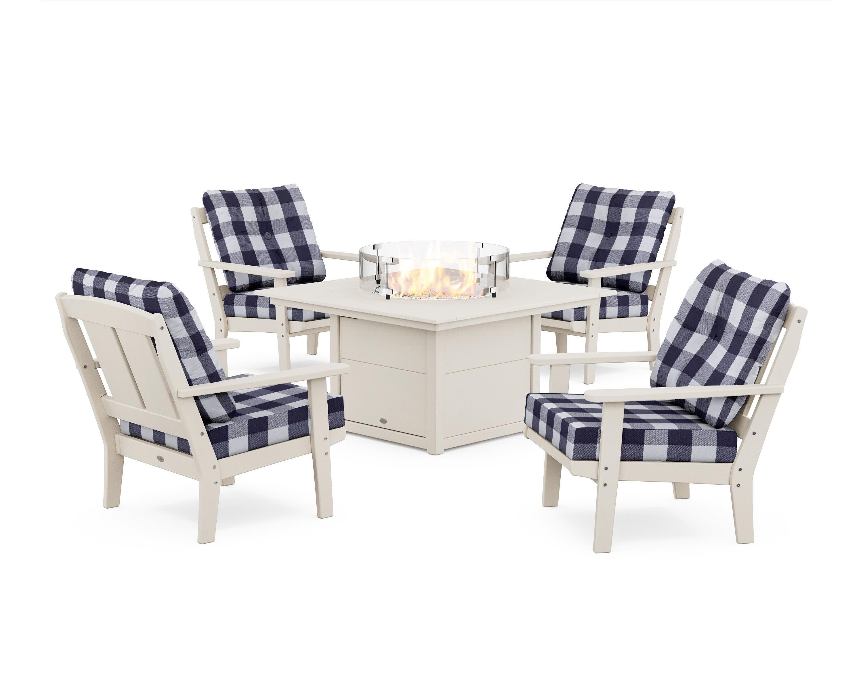 Mission 5-Piece Deep Seating Set with Fire Pit Table in Sand / Buffalo Plaid Navy