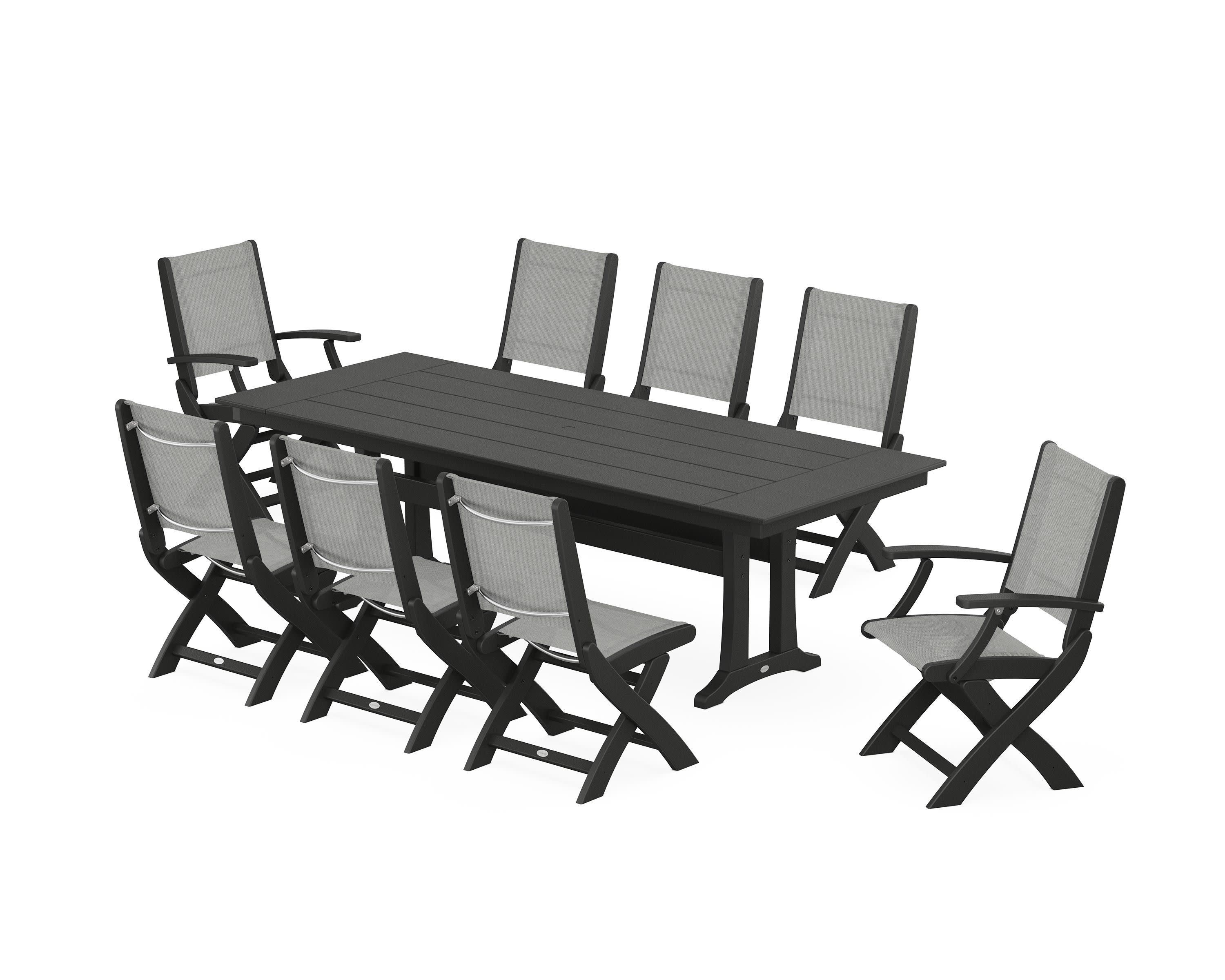 Coastal 9-Piece Folding Dining Chair Farmhouse Dining Set with Trestle Legs in Black / Metallic Sling