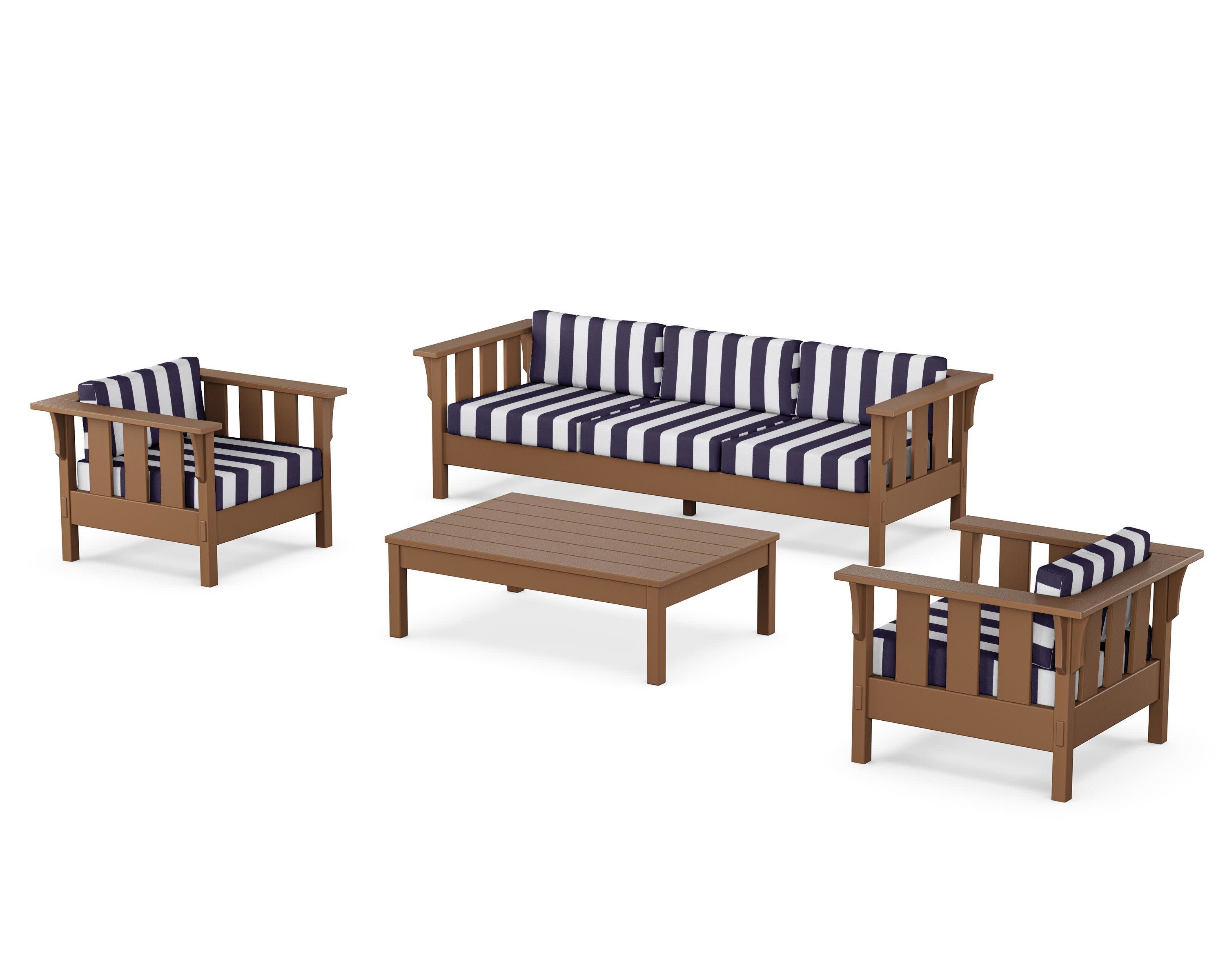 Acadia 4-Piece Deep Seating Set with Sofa in Teak / Cabana Stripe Navy