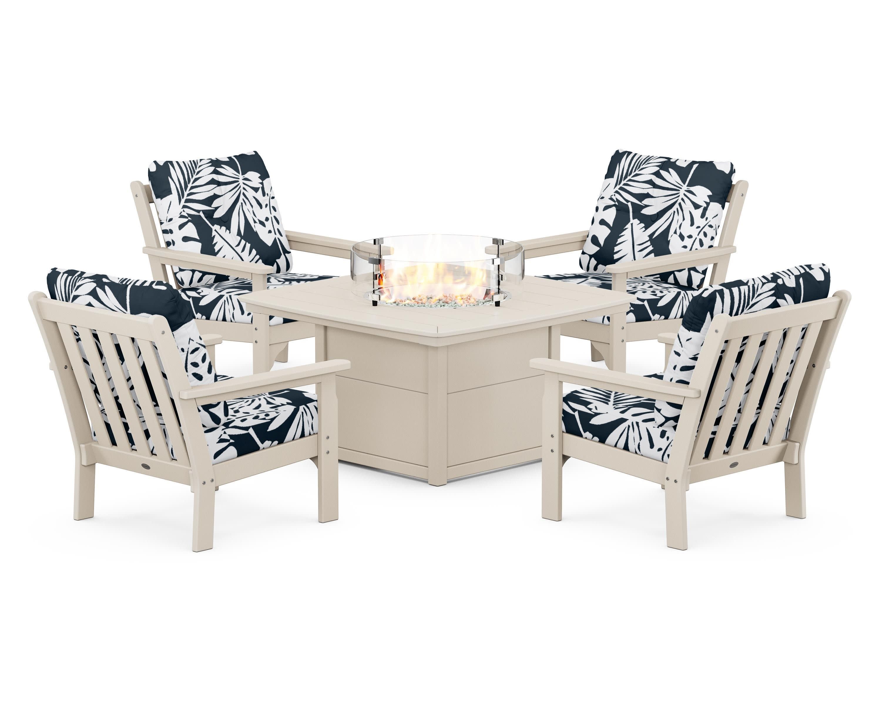 Vineyard 5-Piece Conversation Set with Fire Pit Table in Sand / Leaf Marine Indigo