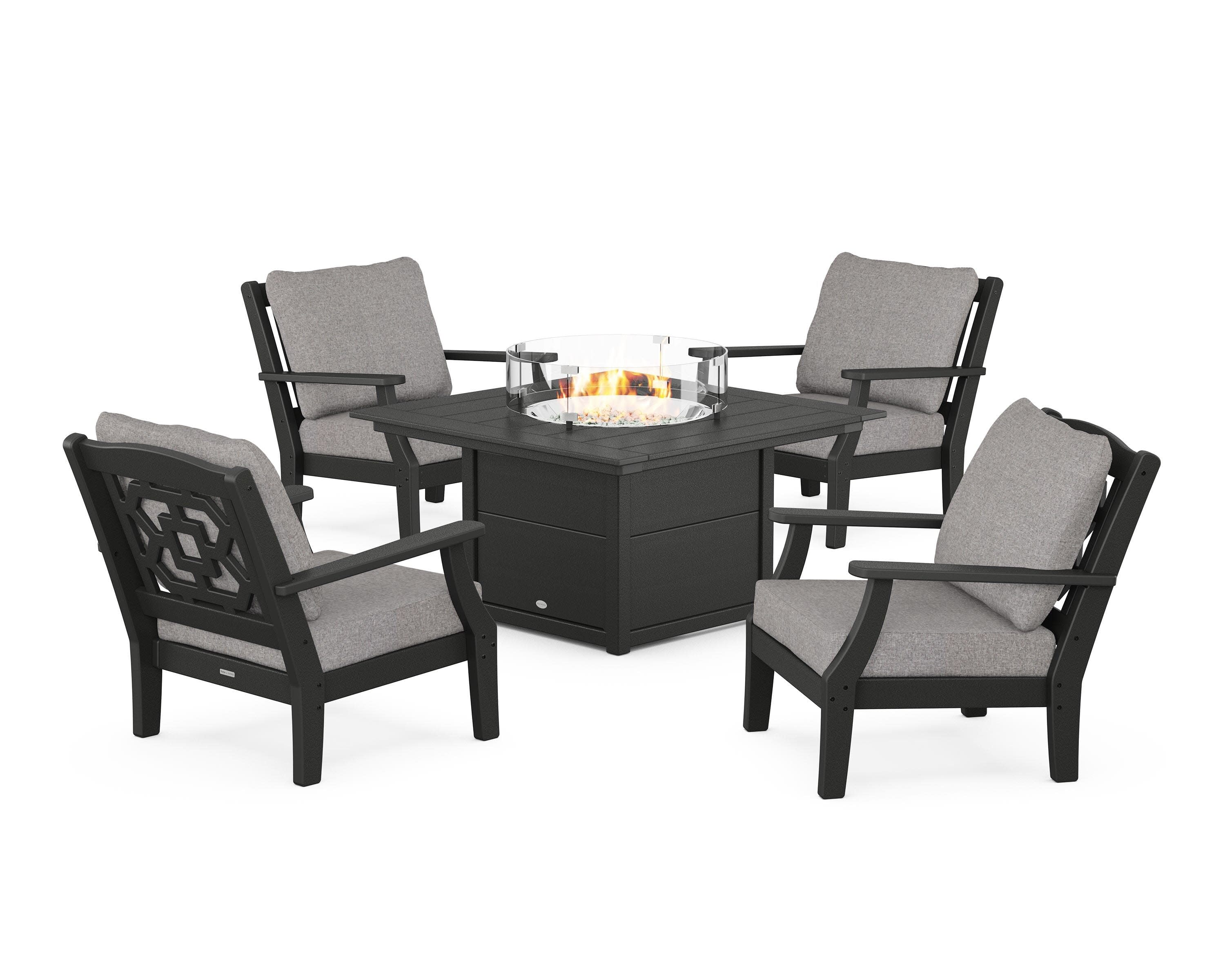 Chinoiserie 5-Piece Deep Seating Set with Fire Pit Table in Black / Grey Mist