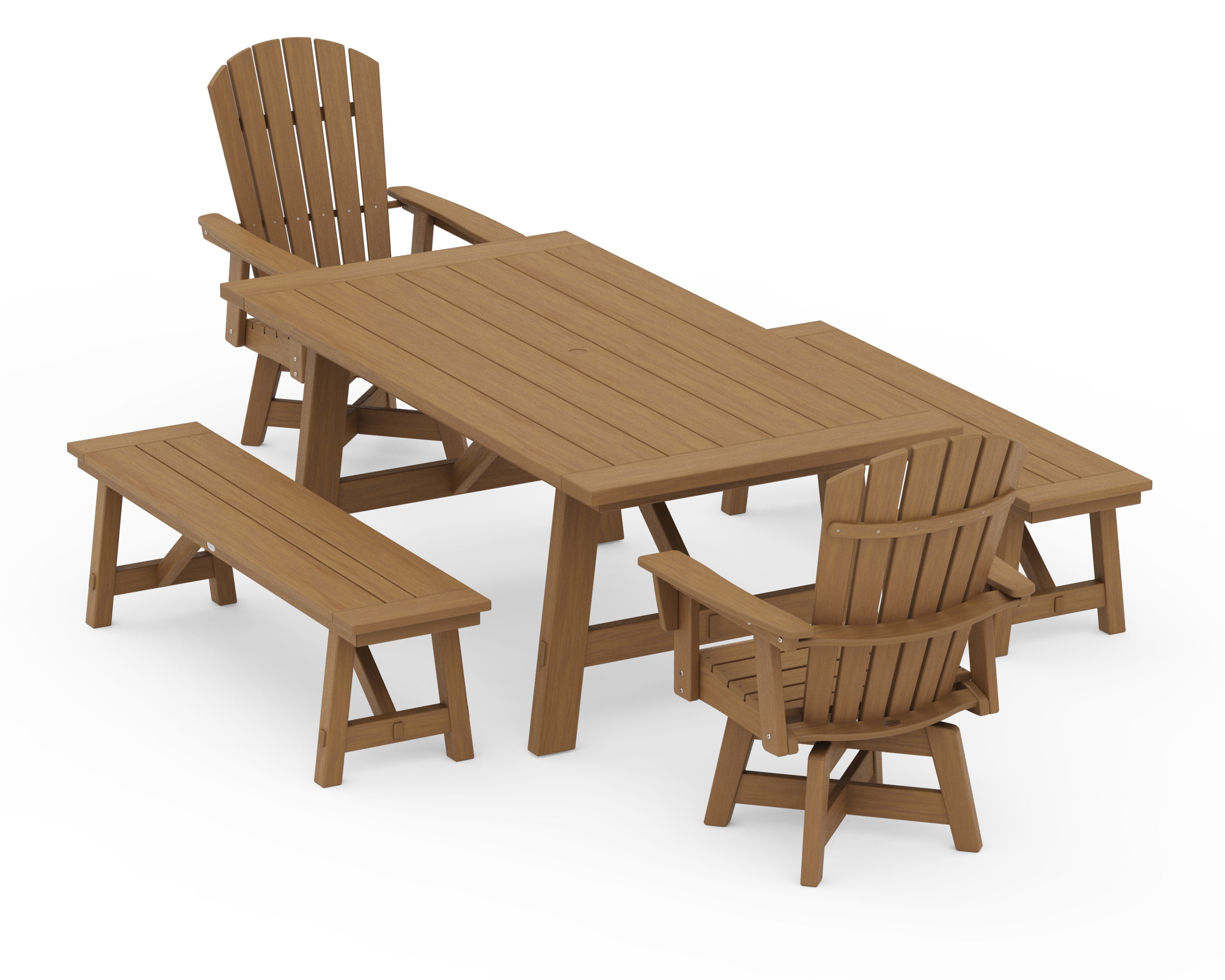 Nautical Curveback Adirondack Swivel Chair 5-Piece Rustic Farmhouse Dining Set With Benches in Natural