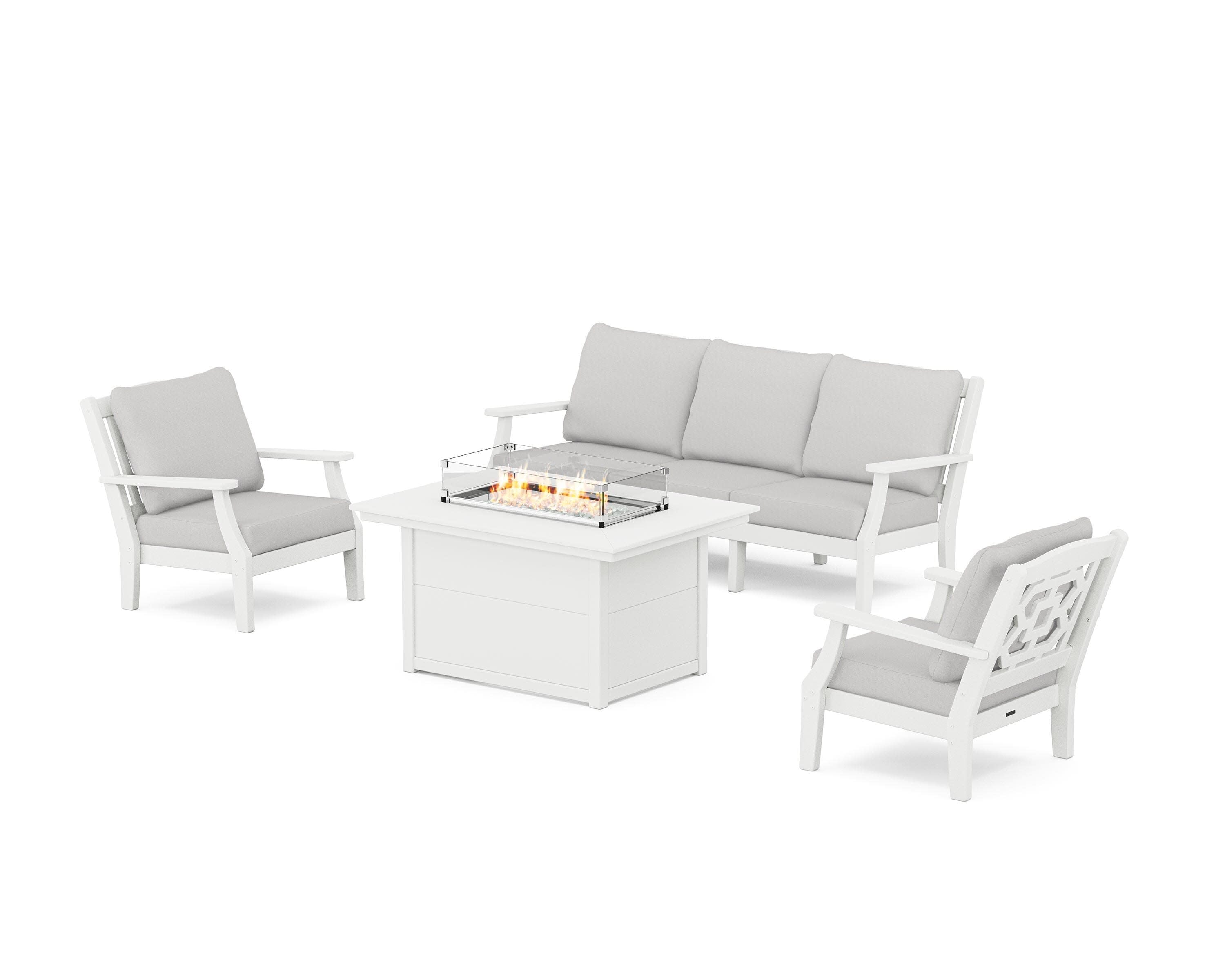 Chinoiserie Deep Seating Fire Pit Table Set in White / Diamond in the Rough