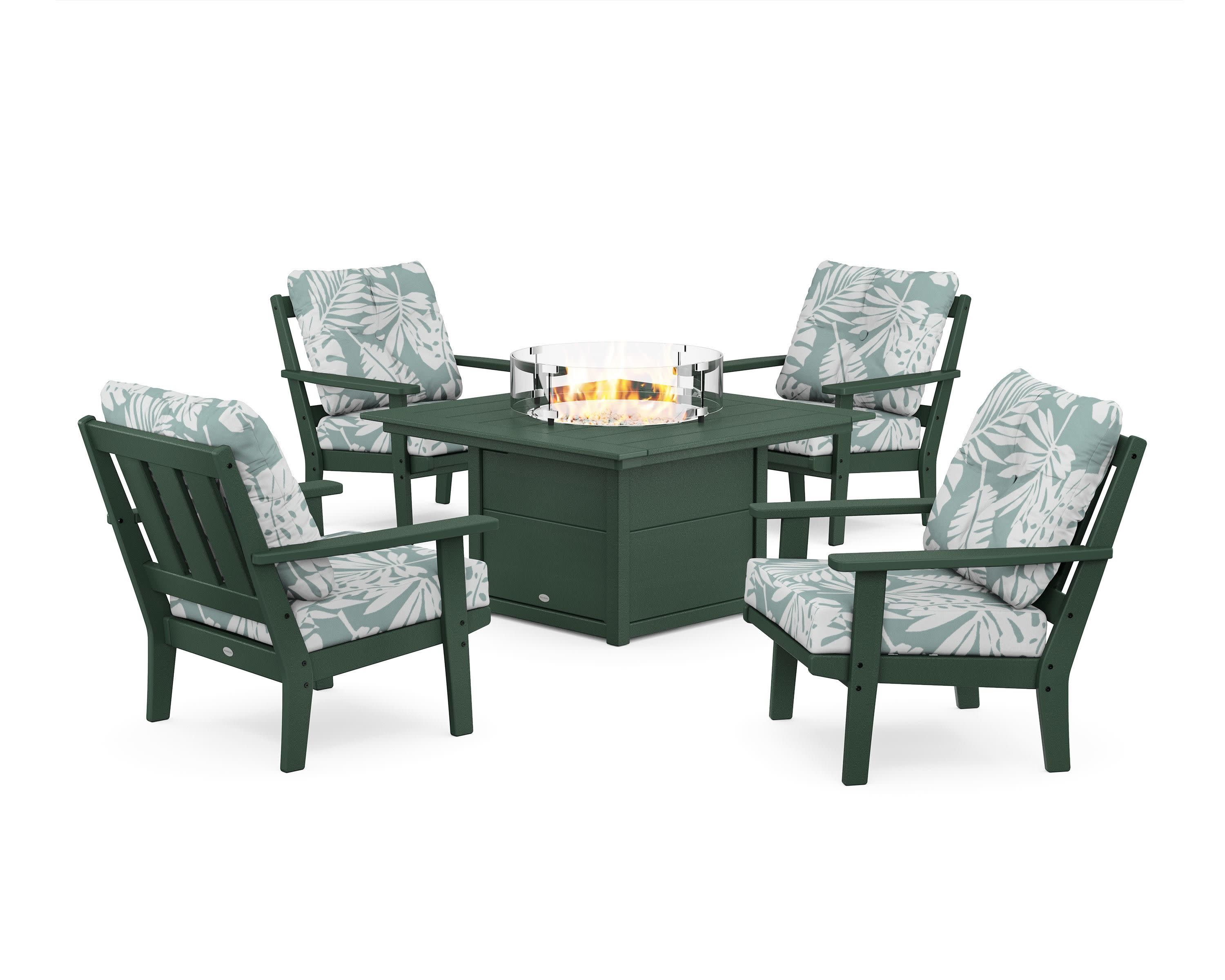 Oxford 5-Piece Deep Seating Set with Fire Pit Table in Green / Leaf Glacier Spa