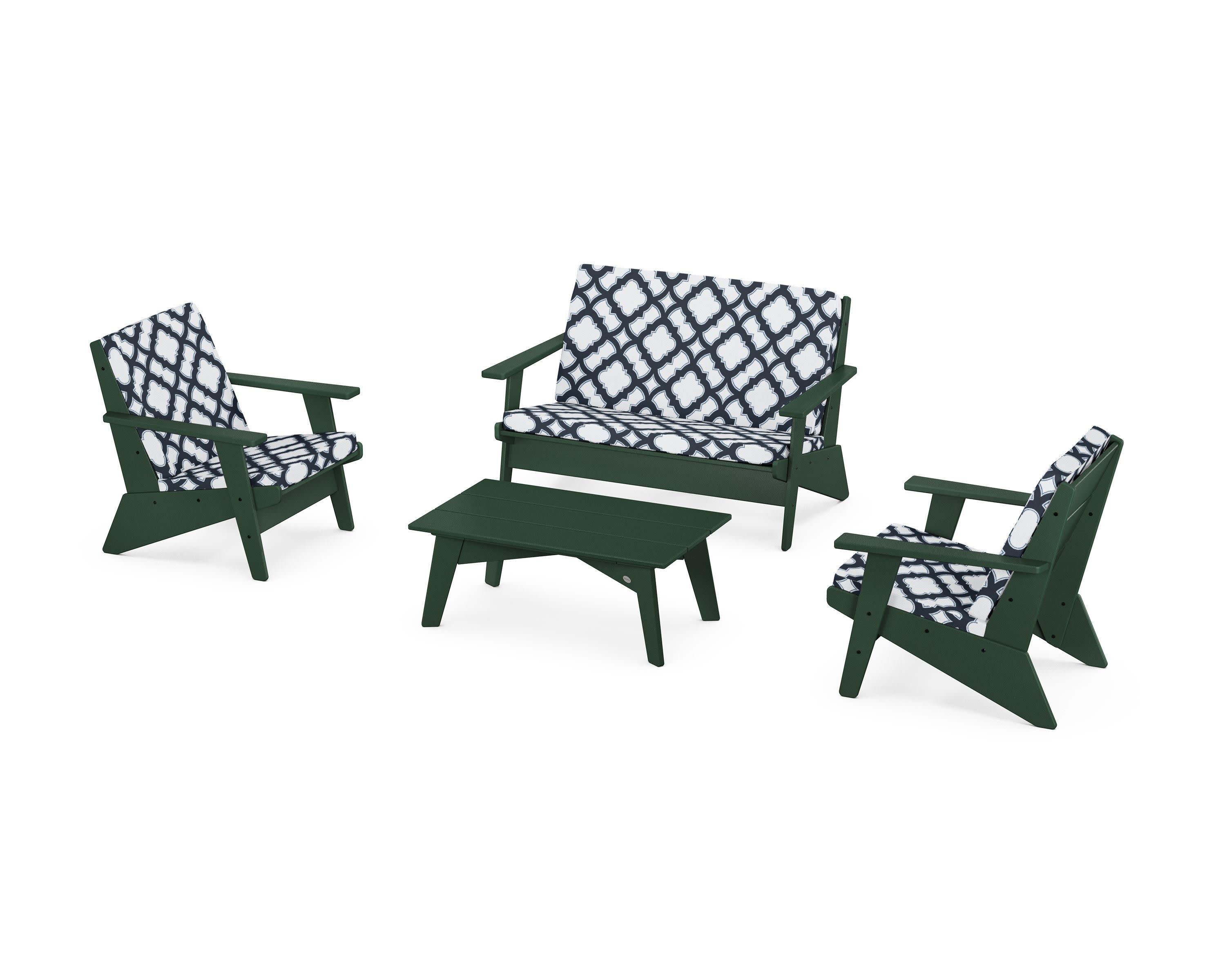 Riviera Modern Lounge 4-Piece Set in Green / Trellis Marine Indigo