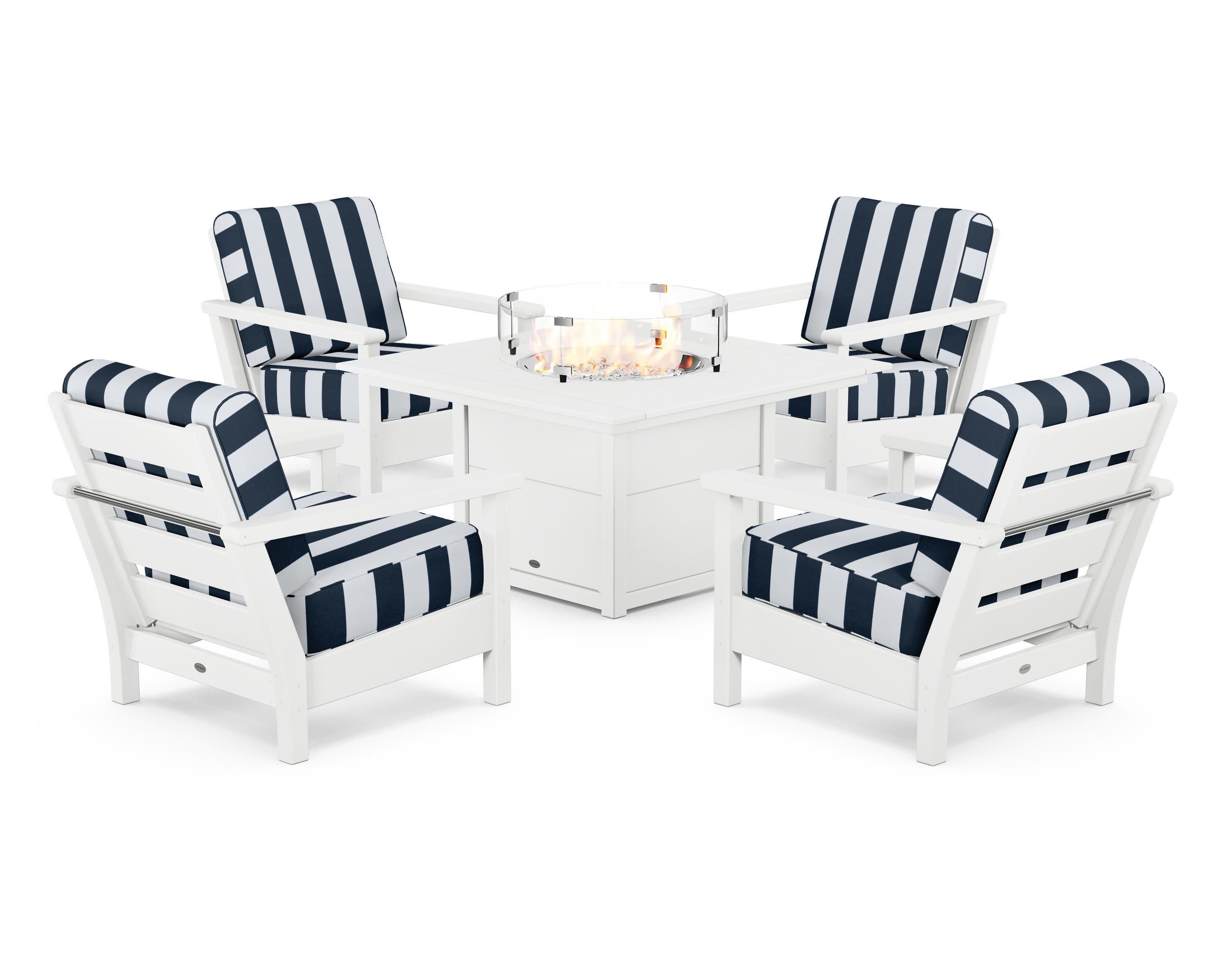 Harbour 5-Piece Conversation Set with Fire Pit Table in White / Cabana Stripe Marine Indigo