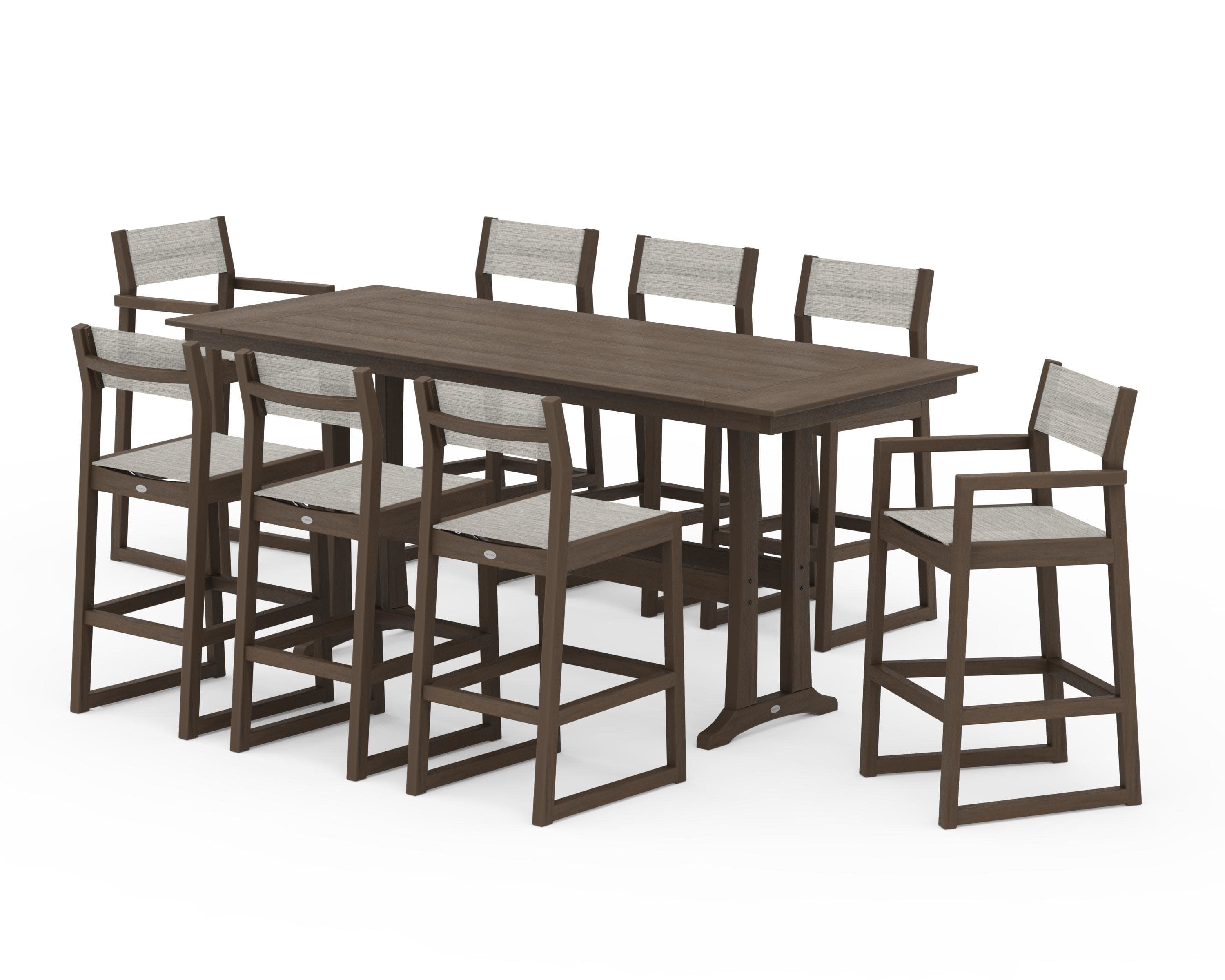 EDGE Sling 9-Piece Farmhouse Bar Set with Trestle Legs in Kona / Birch Sling
