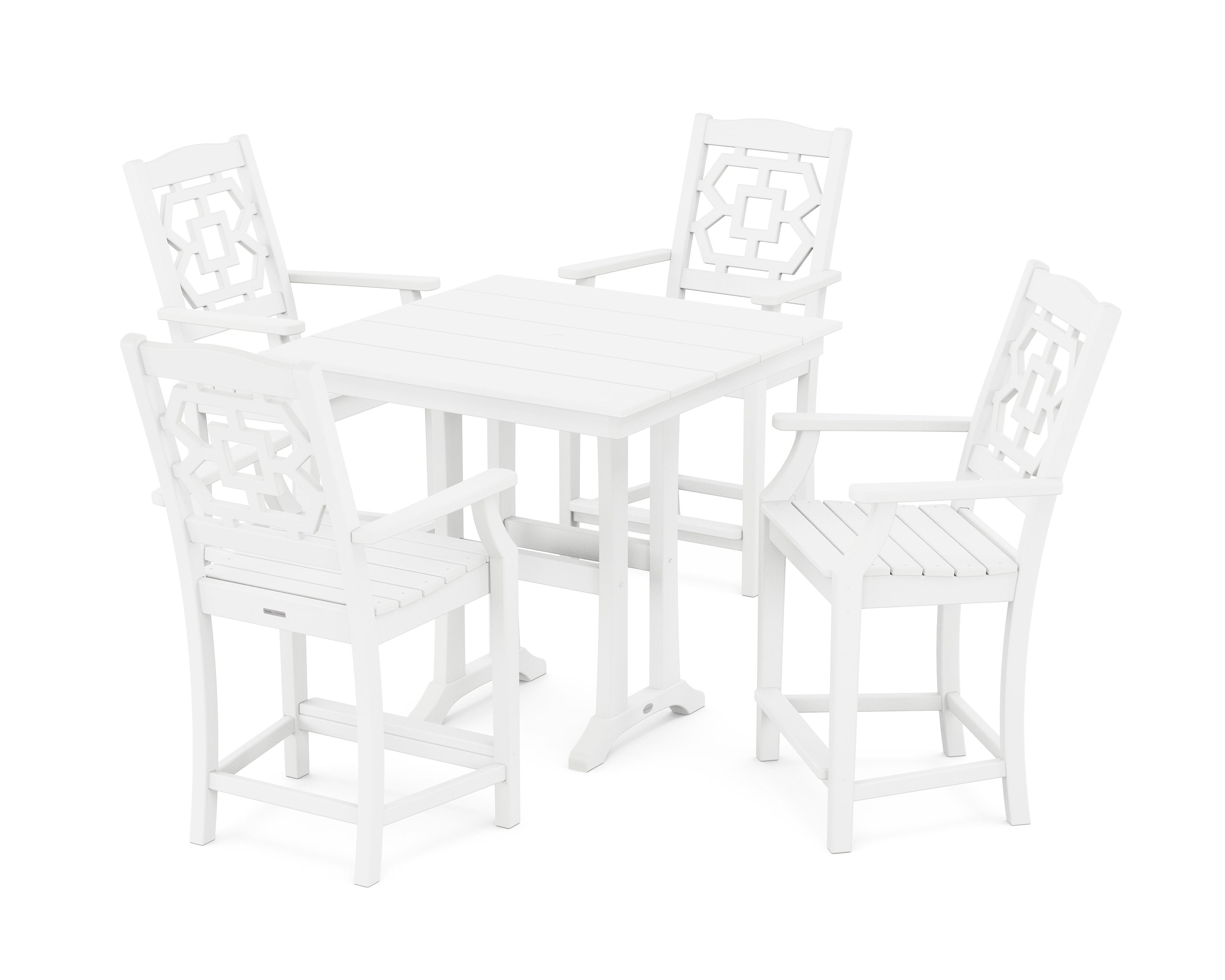 Chinoiserie 5-Piece Farmhouse Counter Set with Trestle Legs in White