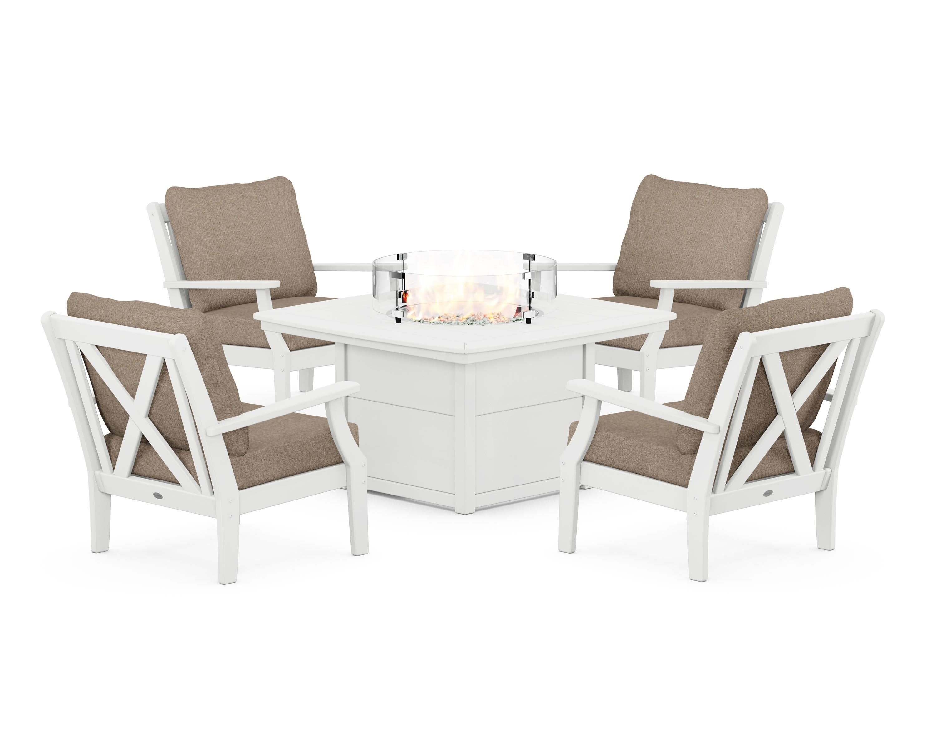 Braxton 5-Piece Deep Seating Conversation Set with Fire Pit Table in White / Spiced Burlap