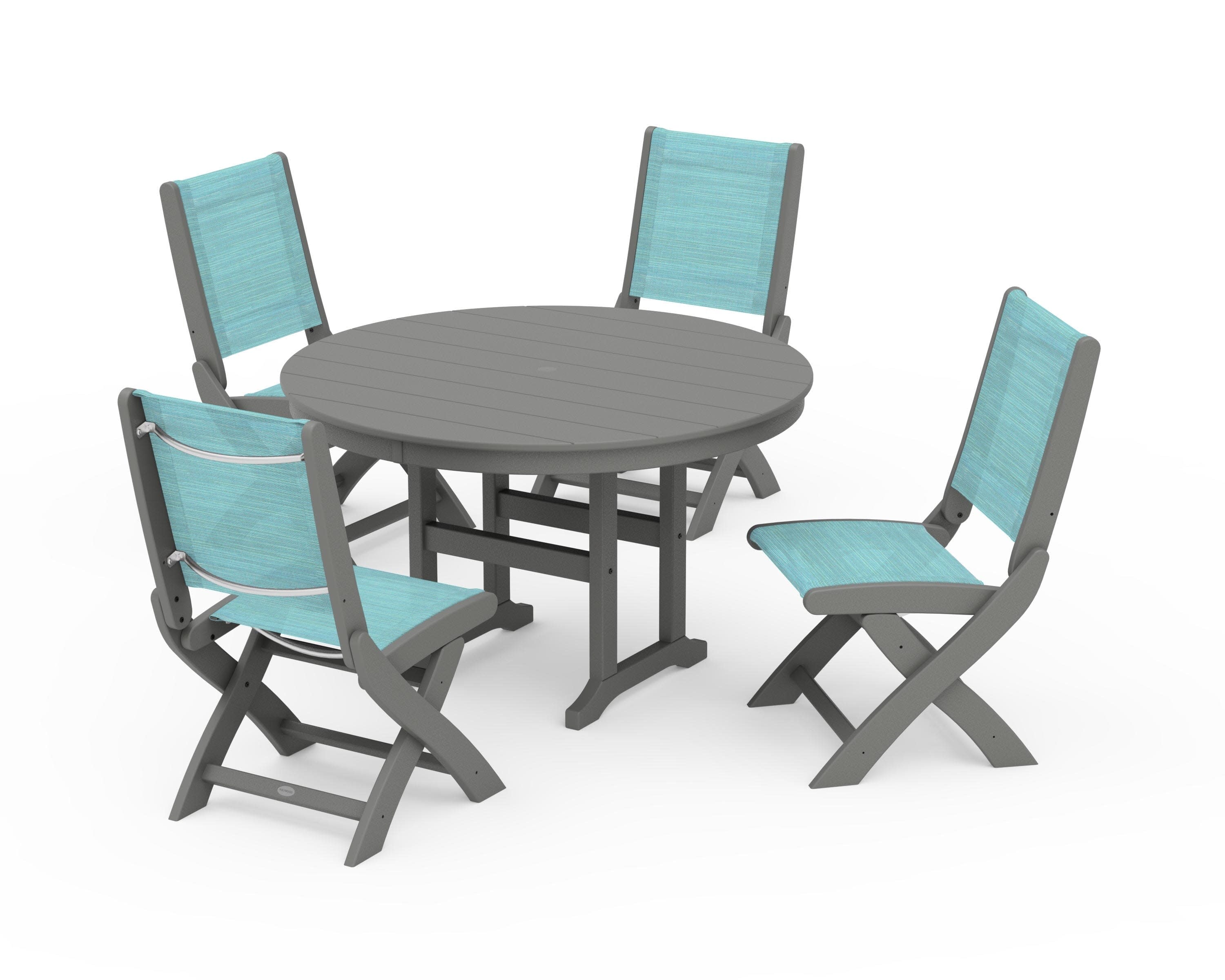 Coastal Folding Side Chair 5-Piece Round Dining Set in Slate Grey / Dupioni Aquamarine Sling