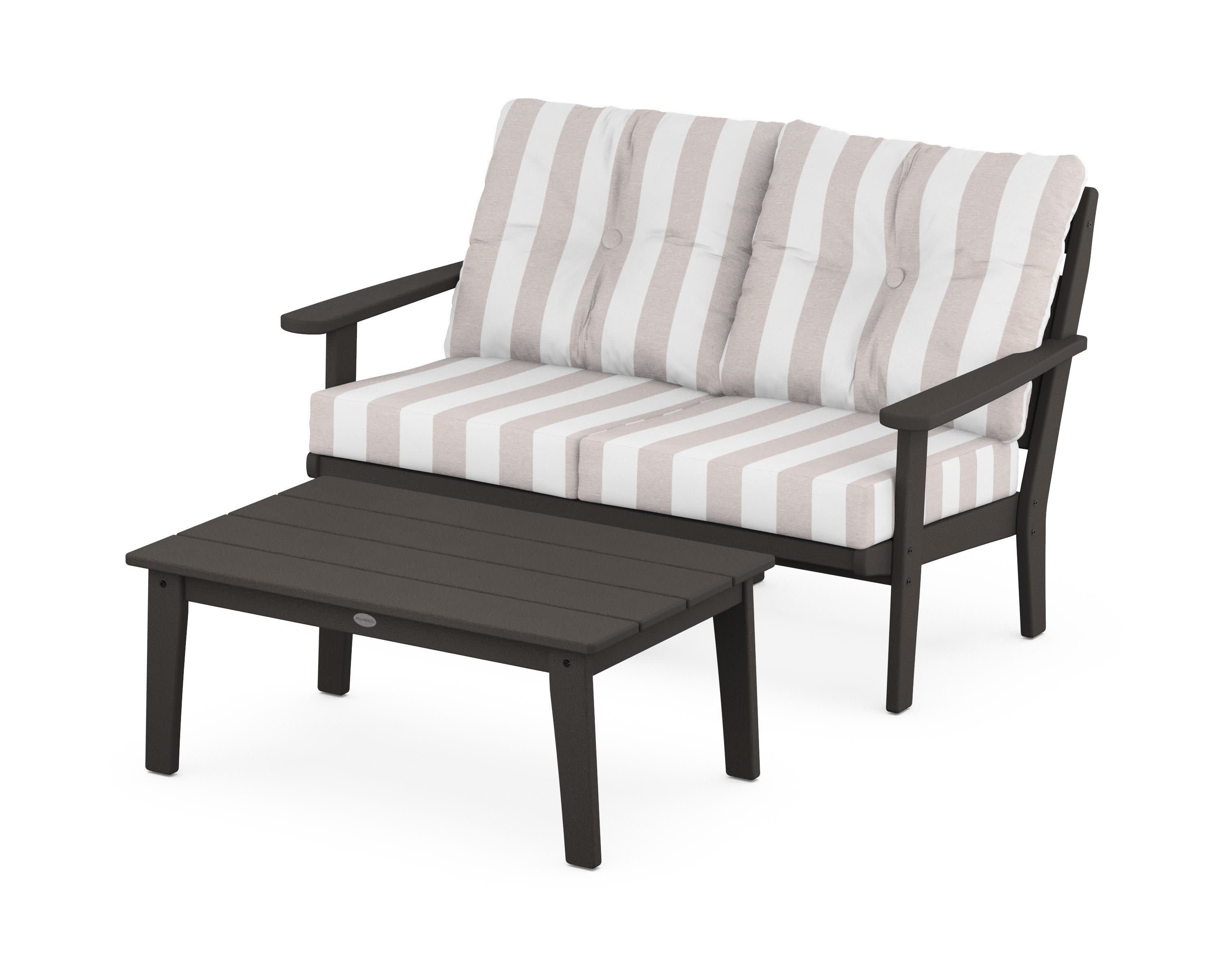 Lakeside 2-Piece Lounge Loveseat Set in Vintage Coffee / Cabana Stripe Dune Burlap