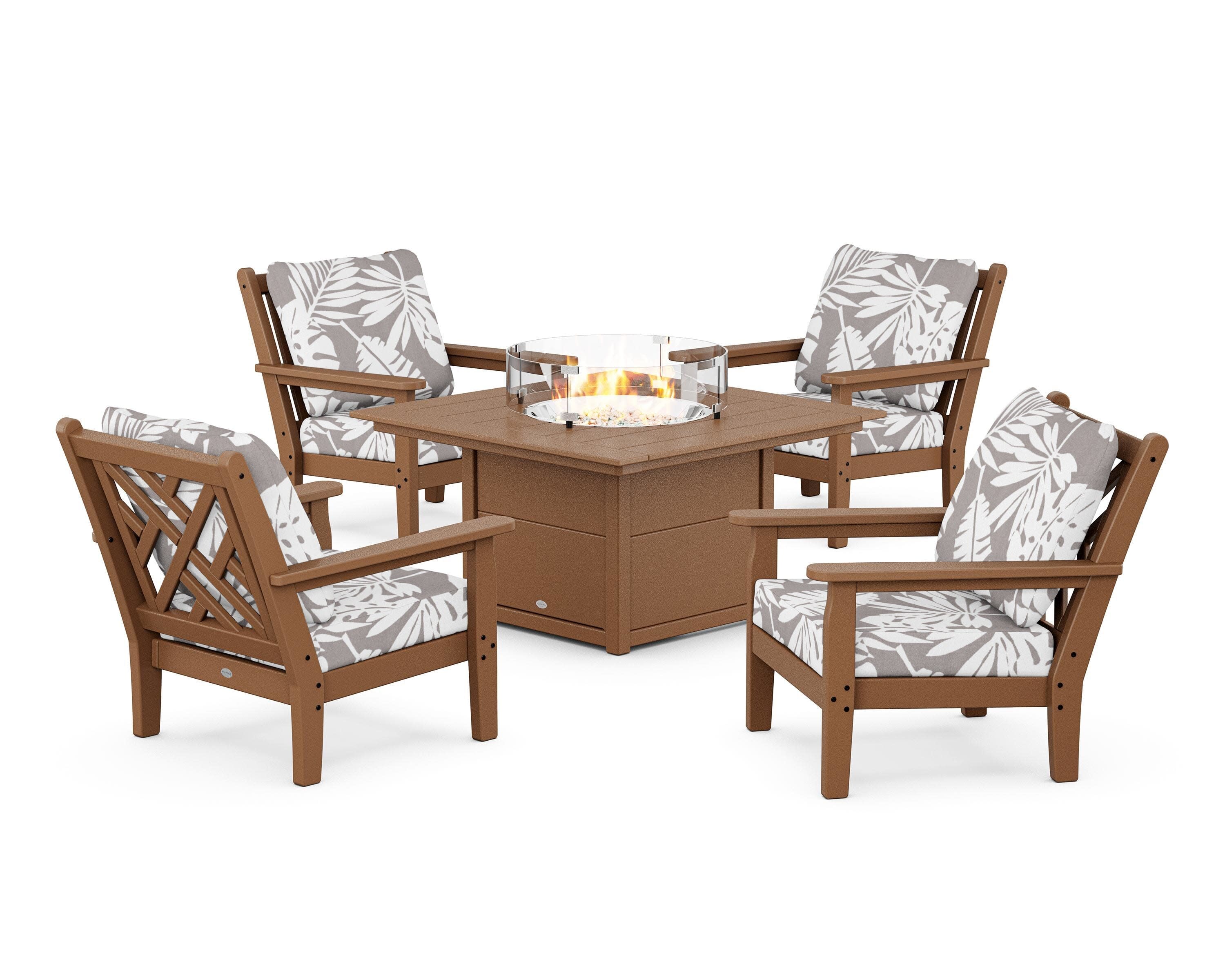 Chippendale 5-Piece Deep Seating Set with Fire Pit Table in Teak / Leaf Grey Mist