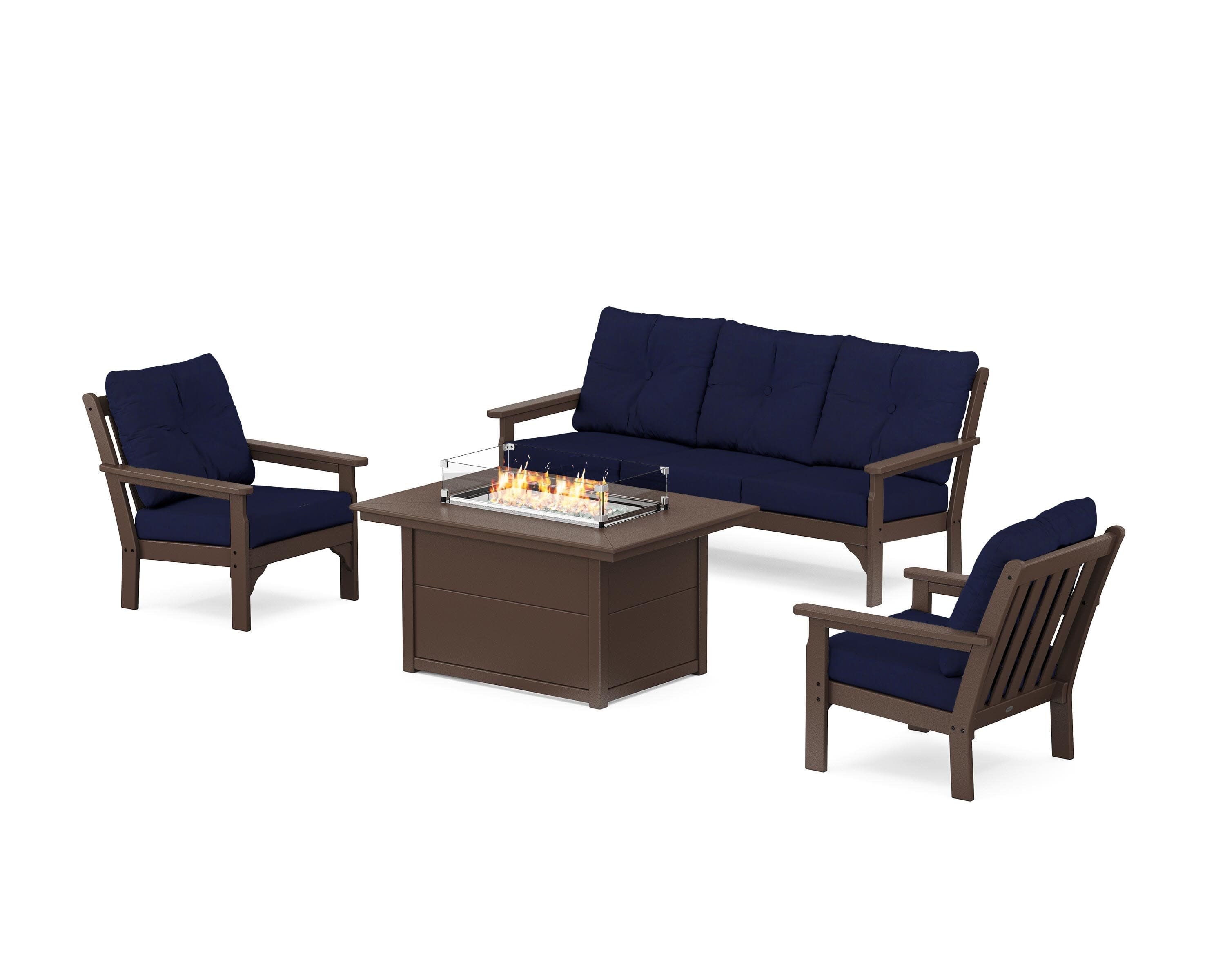 Vineyard Deep Seating Fire Pit Table Set in Mahogany / Navy