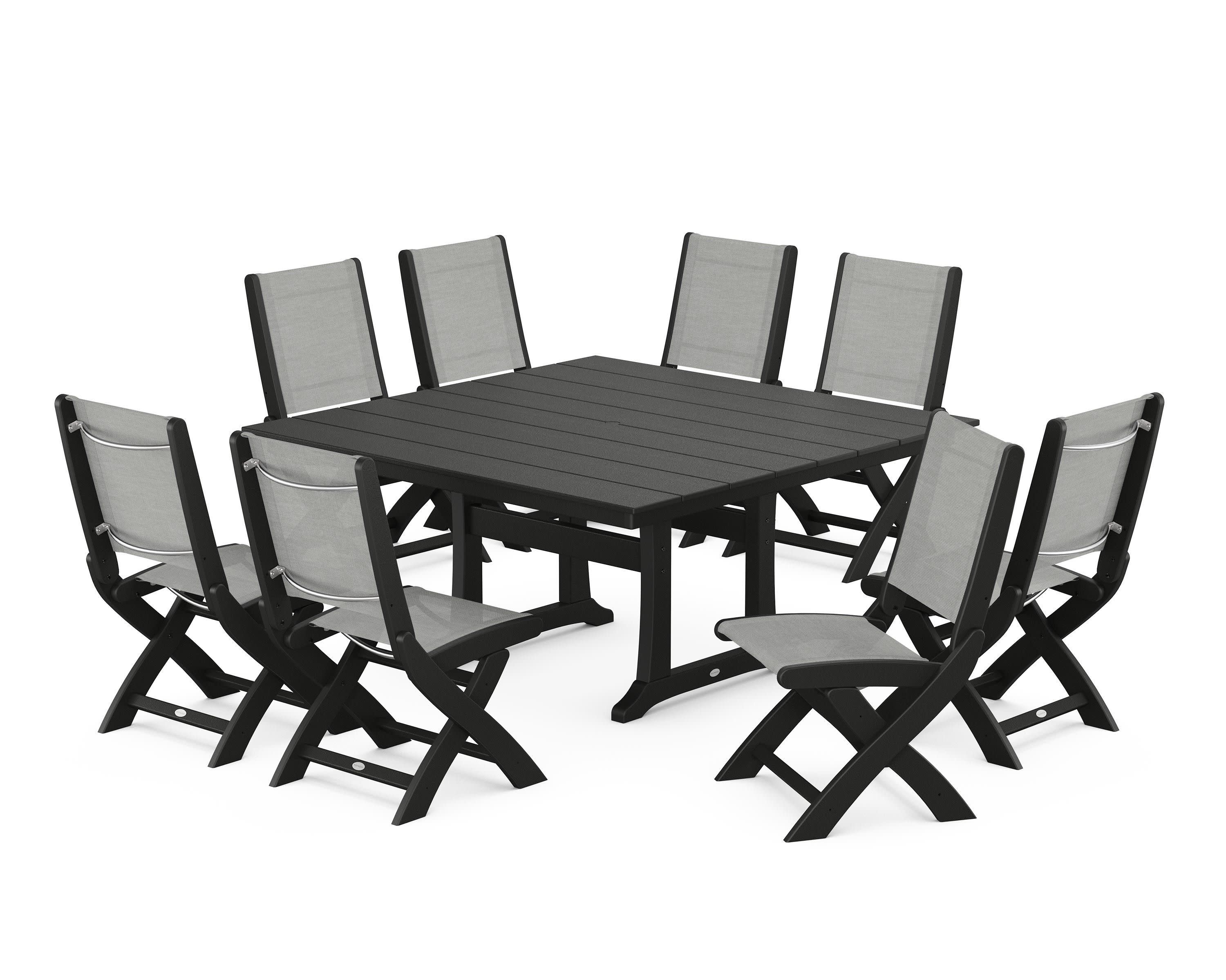 Coastal Folding Side Chair 9-Piece Farmhouse Dining Set in Black / Metallic Sling