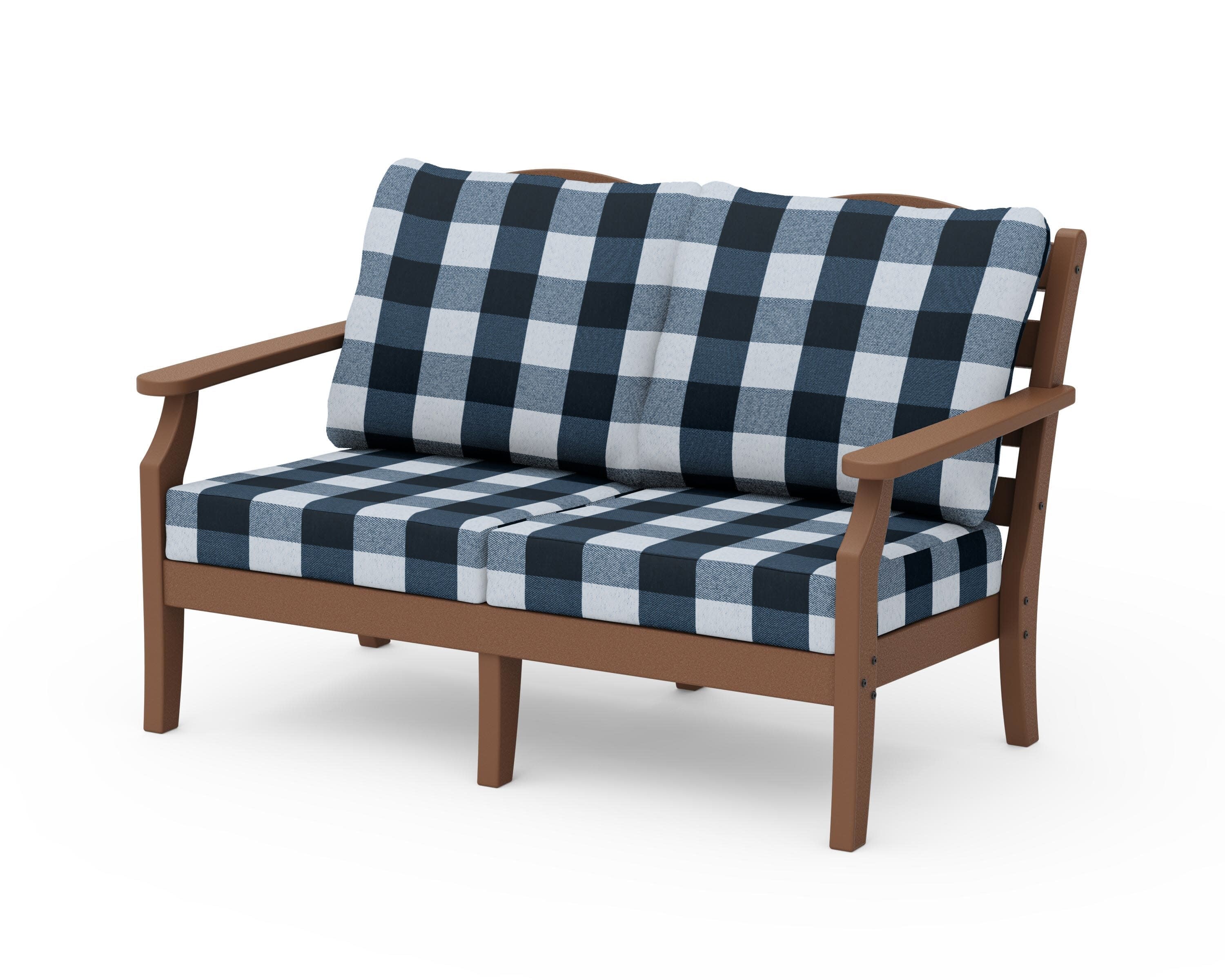 Savannah Deep Seating Loveseat in Teak / Buffalo Plaid Marine Indigo