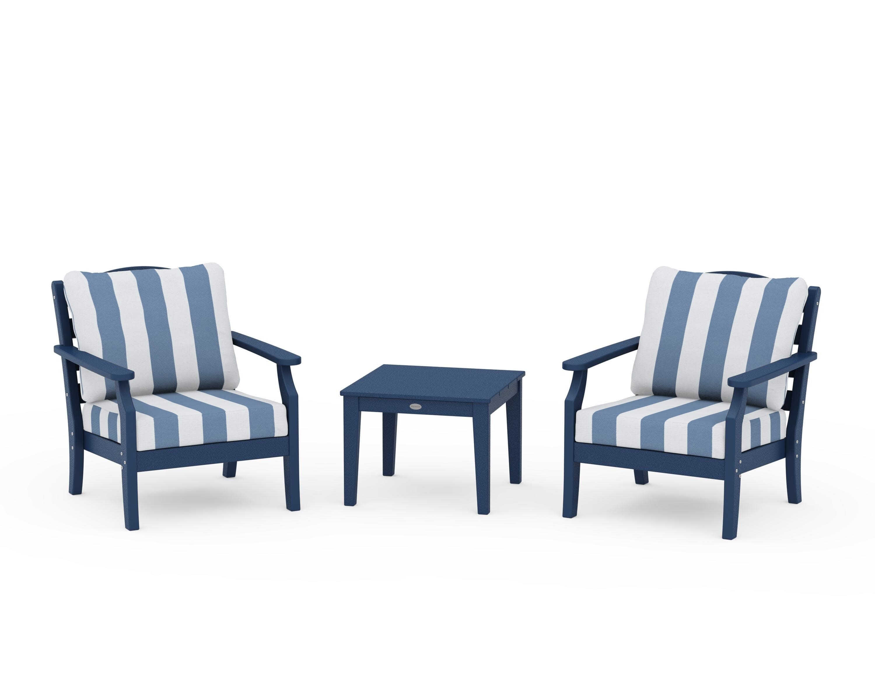 Savannah 3-Piece Deep Seating Set in Navy / Cabana Stripe Sky Blue