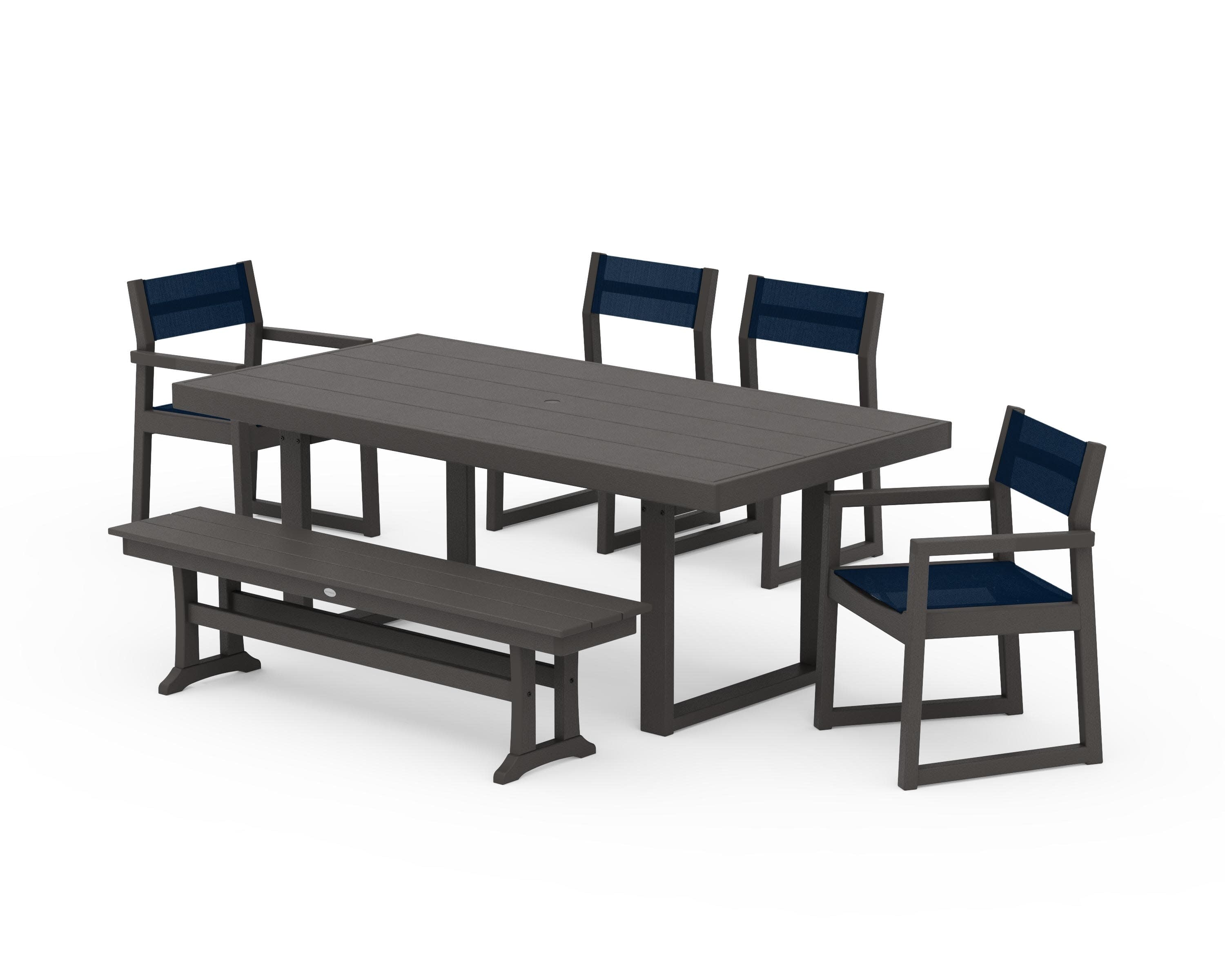 EDGE Sling 6-Piece Dining Set with Bench in Vintage Coffee / Navy Blue Sling