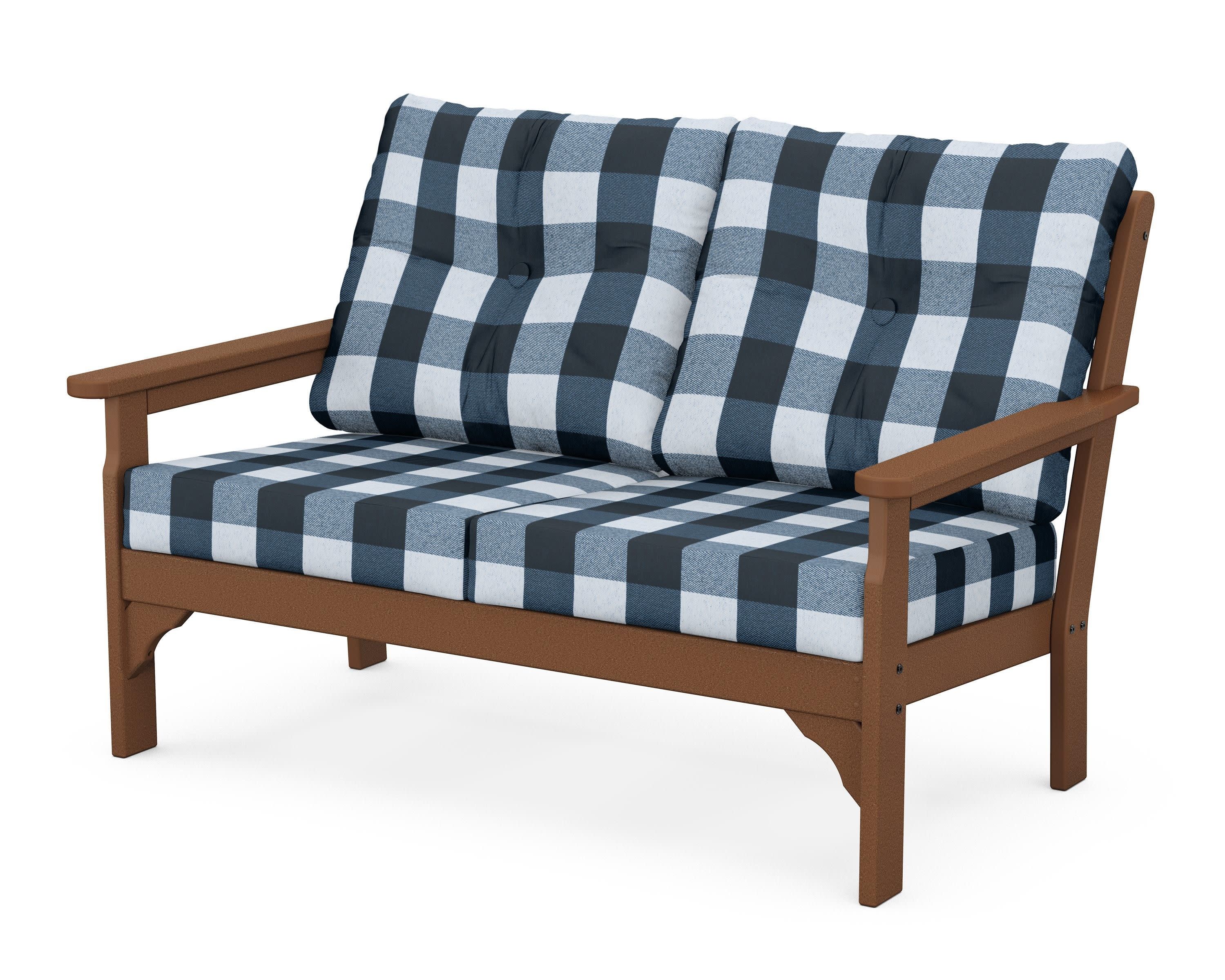 Vineyard Deep Seating Loveseat in Teak / Buffalo Plaid Marine Indigo