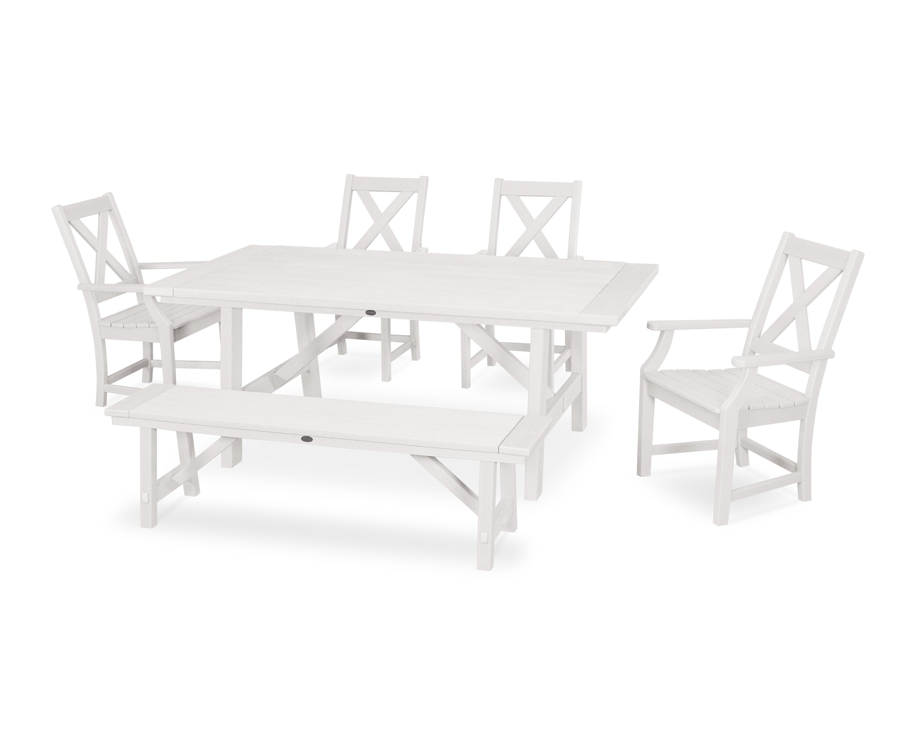 Braxton 6-Piece Rustic Farmhouse Arm Chair Dining Set with Bench in Vintage White