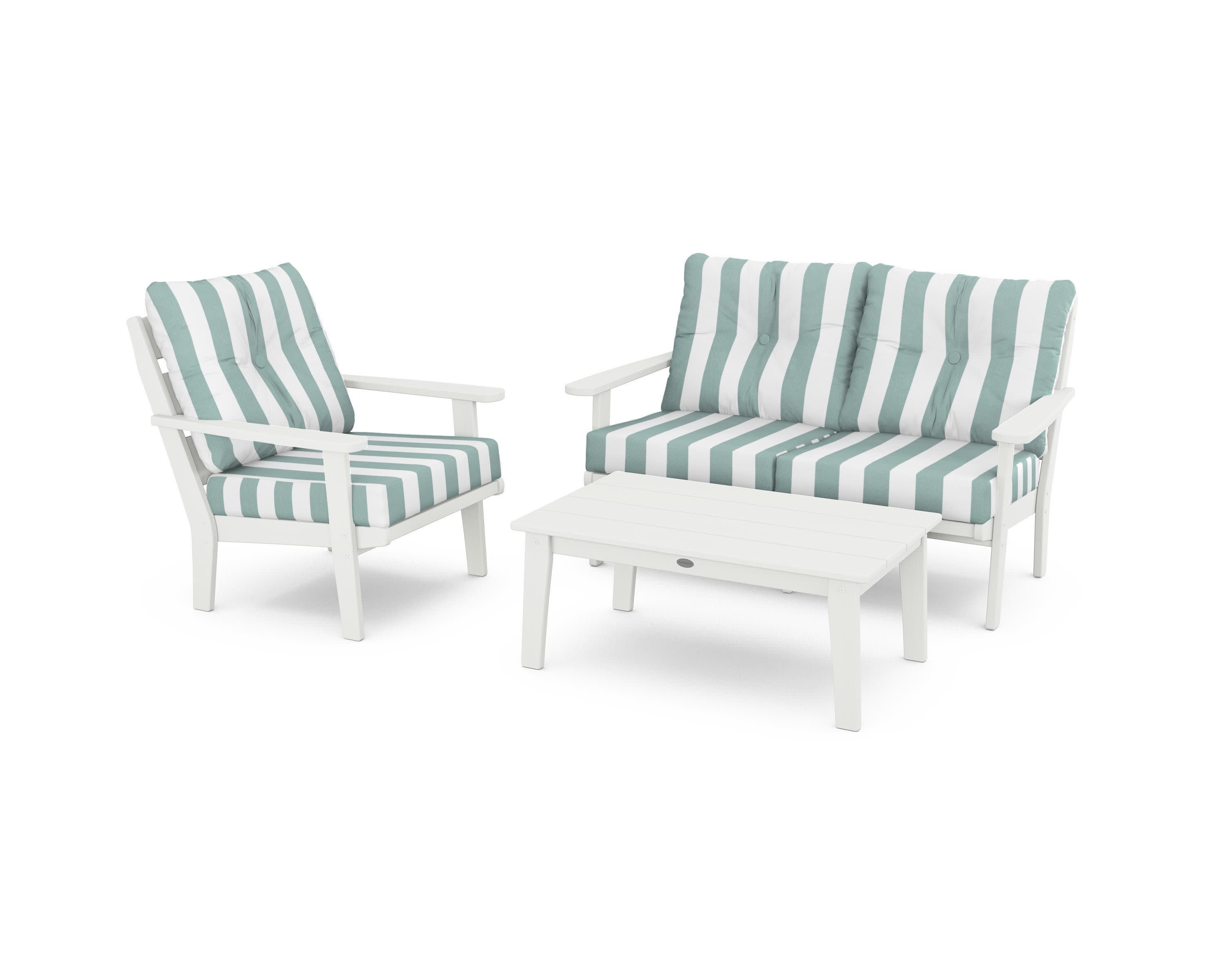 Lakeside 3-Piece Deep Seating Set in Vintage White / Cabana Stripe Glacier Spa