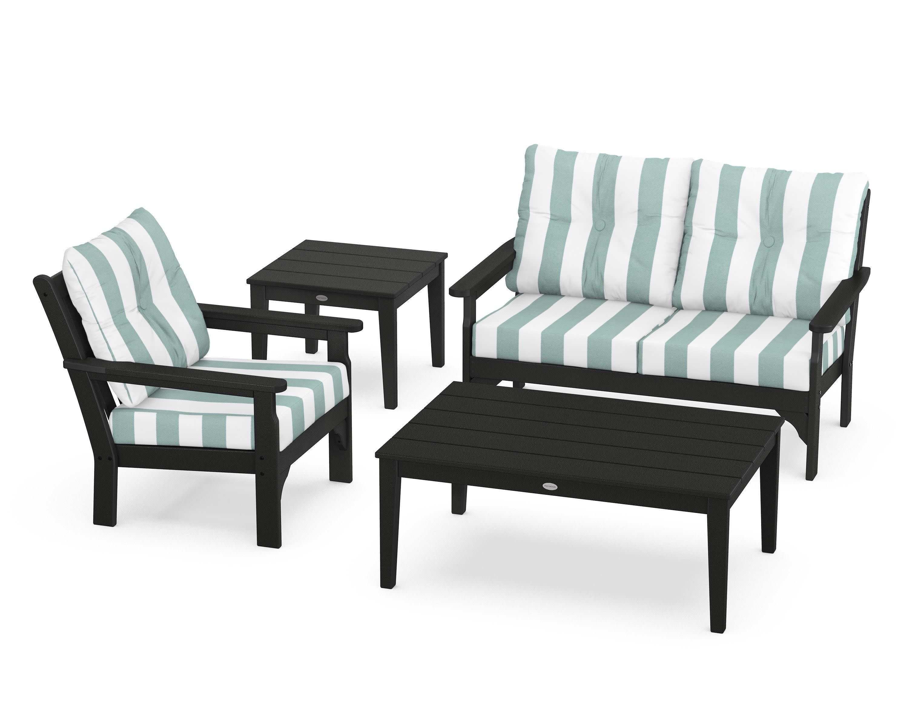 Vineyard 4-Piece Deep Seating Set in Black / Cabana Stripe Glacier Spa