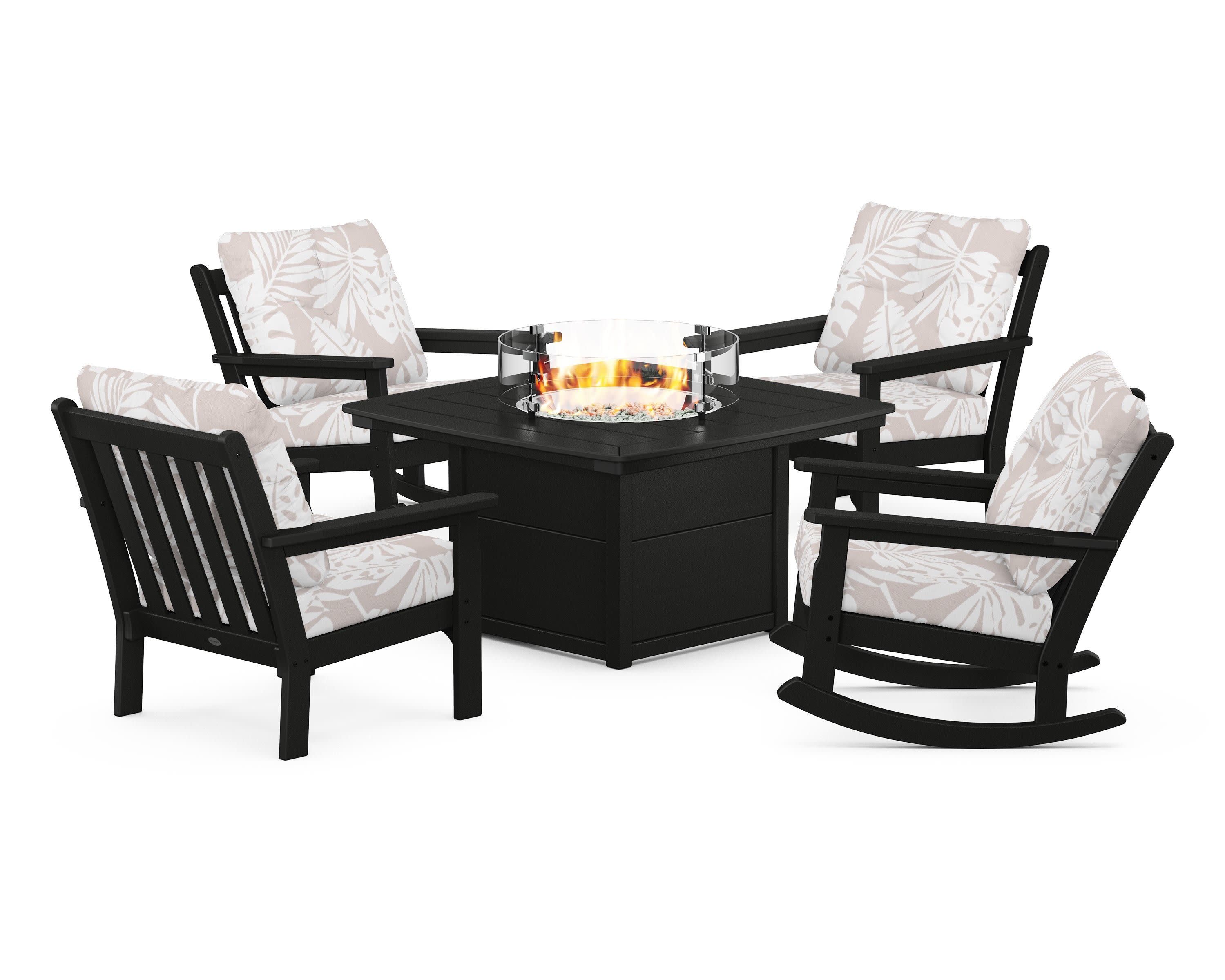 Vineyard 5-Piece Deep Seating Rocking Chair Conversation Set with Fire Pit Table in Black / Leaf Dune Burlap