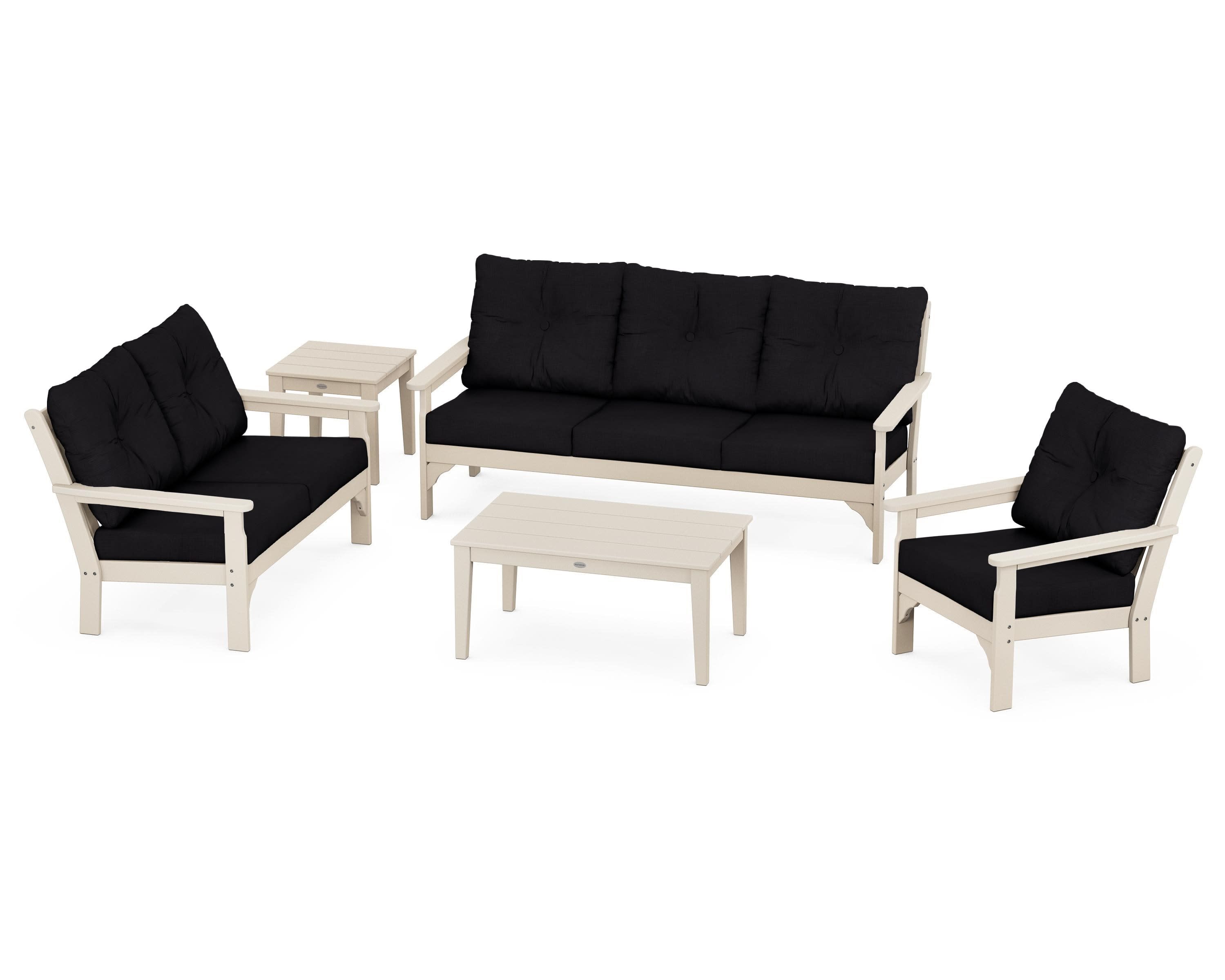 Vineyard 5 Piece Deep Seating Set in Sand / Midnight Linen