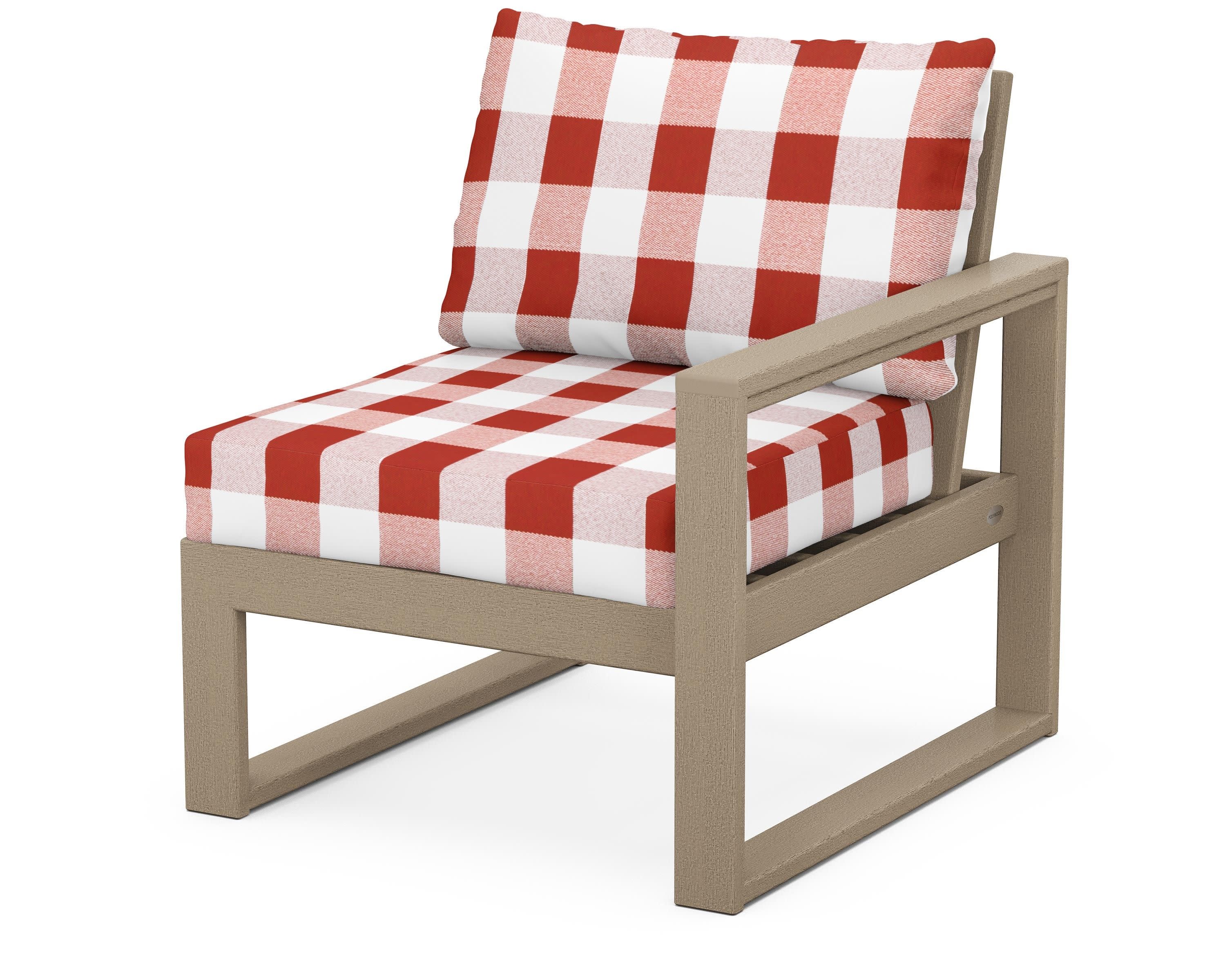 EDGE Modular Right Arm Chair in Vintage Sahara / Buffalo Plaid Crimson