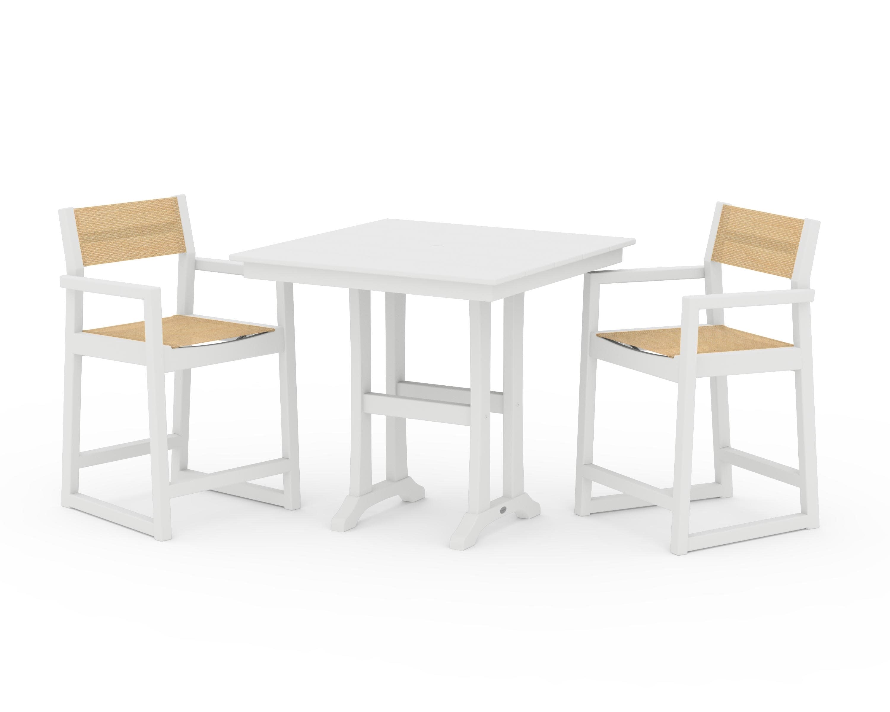 EDGE Sling Arm Chair 3-Piece Farmhouse Counter Set with Trestle Legs in White / Dupioni Apricot Sling